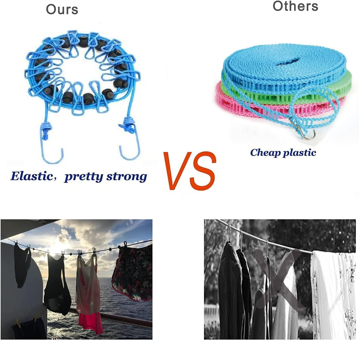 LALOCAPEYO 2Pcs Portable Clothesline with 12 Clothespins for Camping Hotel Indoor & Outdoor Blue 11 Feet Rope Anti-Skid Clips,Wind-Proof Clothes Drying Line,Travel Retractable Clothesline(Blue+Black) image number 2