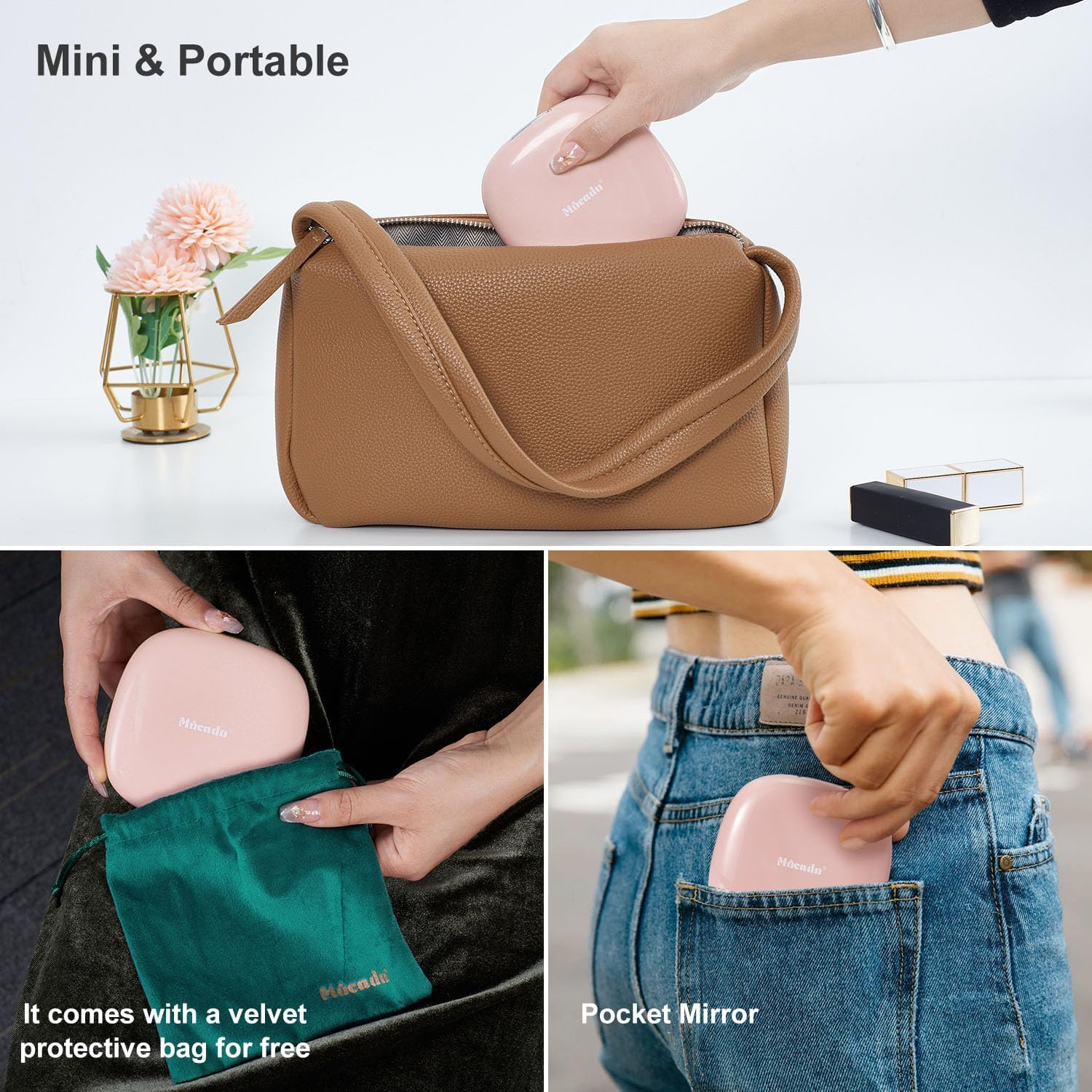 Mocado Compact LED Travel Makeup Mirror - 4 Inches 1X/10X Magnification Travel Mirror with Light Dimmable Double Sides Lighted USB Rechargeable Compact Mirror for Purse,Pocket,Travel(Pink) - Black image number 7