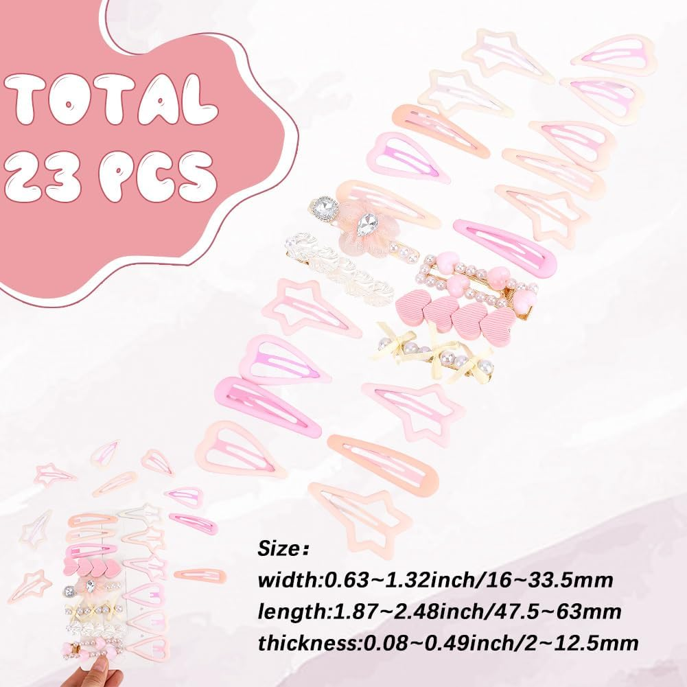 SOFPLATE Pack of 23 Hair Clips with Star Press Stud Metal Pink Hair Clips Colourful Aesthetic Heart Shape Teardrop Shape Elegant Decorative Headpiece Alligator Hair Pins Accessories for Long Short image number 5