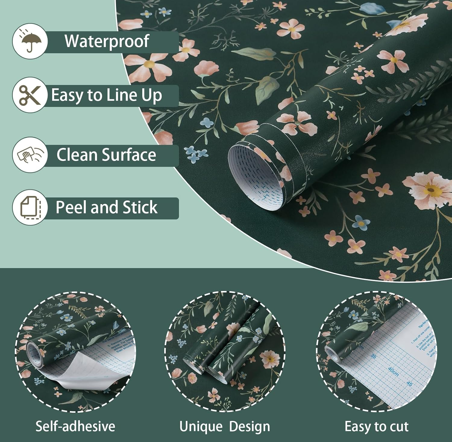 Eeecoming Floral Peel and Sick Wallpaper Vintage Wall Paper Green Contact Paper Flowers Removable Self Adhesive Wallpaper for Bedroom Bathroom Cabinets Vinyl Roll 17.3"X196.8" image number 6
