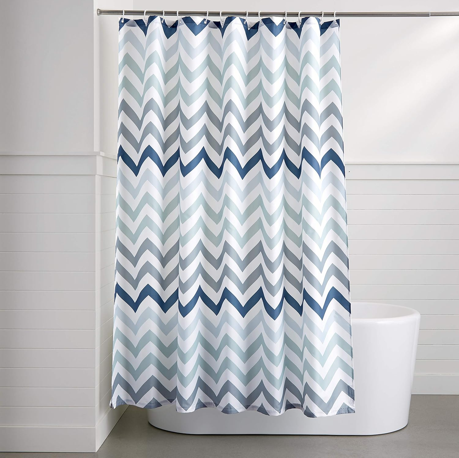 Amazon Basics Fabric Shower Curtain with Grommets and Hooks, 183 X 183 Cm, Blue Ombre Chevron