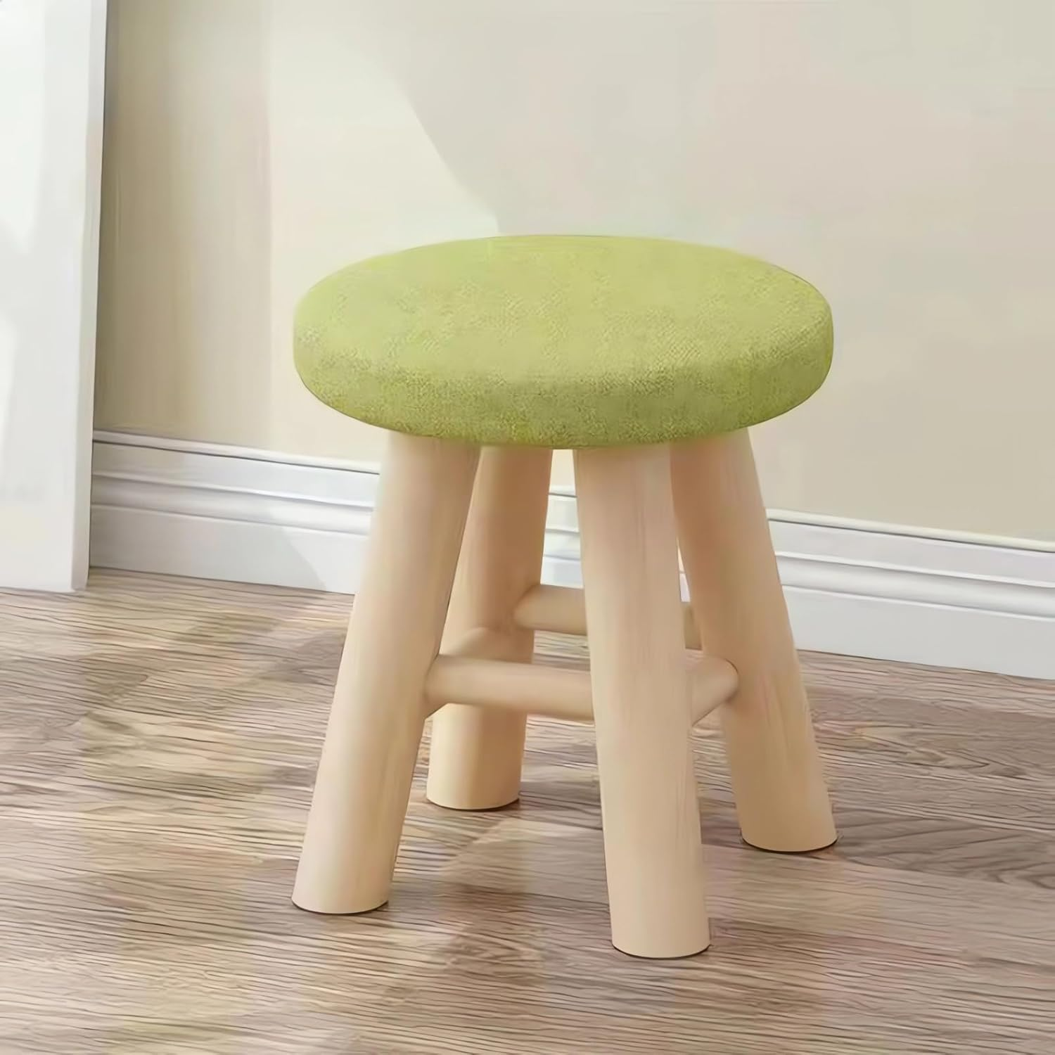 Round Padded Ottoman Stool, 26 X 28 Cm, Wooden Legs, Grey/Blue and Green A268 (Green)