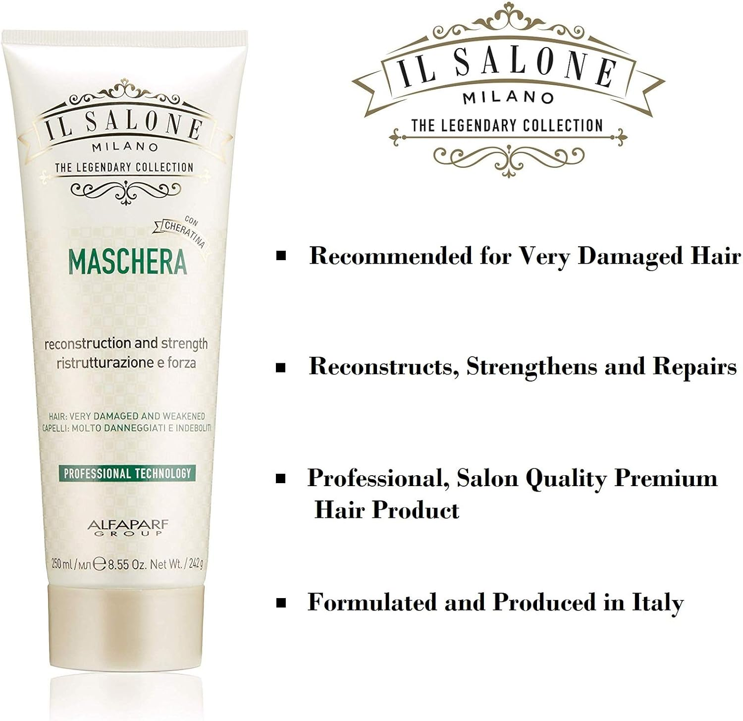 Il Salone Milano Professional Keratin Mask for Very Damaged Hair - Reconstruction, Strengthen and Repair - Premium Quality - 8.55 Oz. / 250Ml