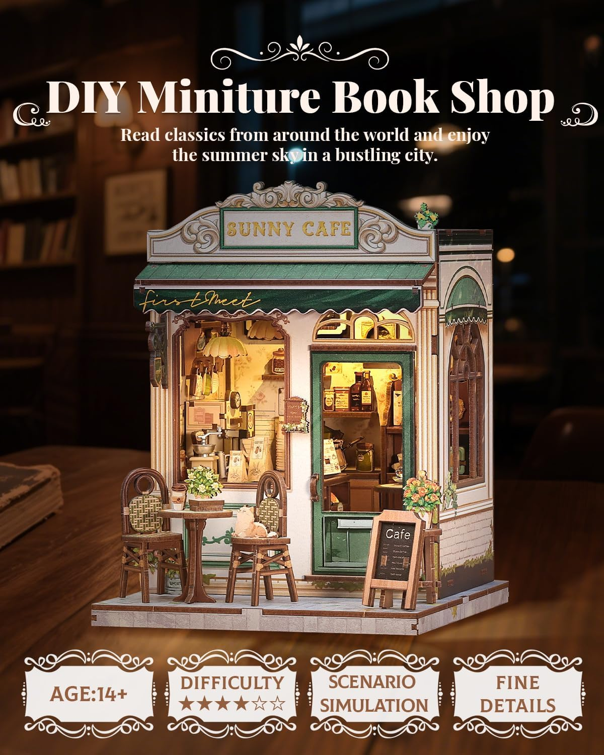 CUTEBEE Book Nook Kit - DIY Miniature House Dollhouse Kit for Adults and Teens, Booknook Tiny House Bookshelf Decor 3D Wooden Puzzle for Family, Friends (Sunny Cafe) image number 6