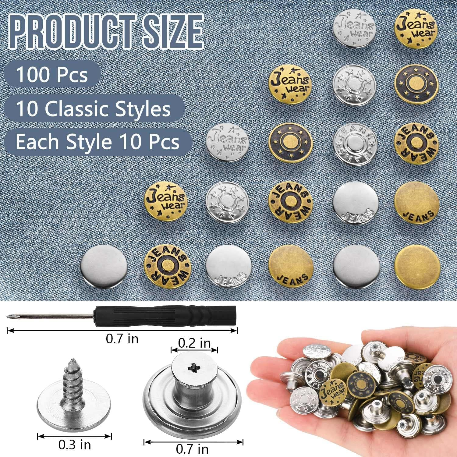 100 Sets Jeans Button Replacement, Removable 17 Mm Metal Buttons for Jeans, No Sew Buttons for Women and Men Jeans Clothing Accessories with Screw Storage Box