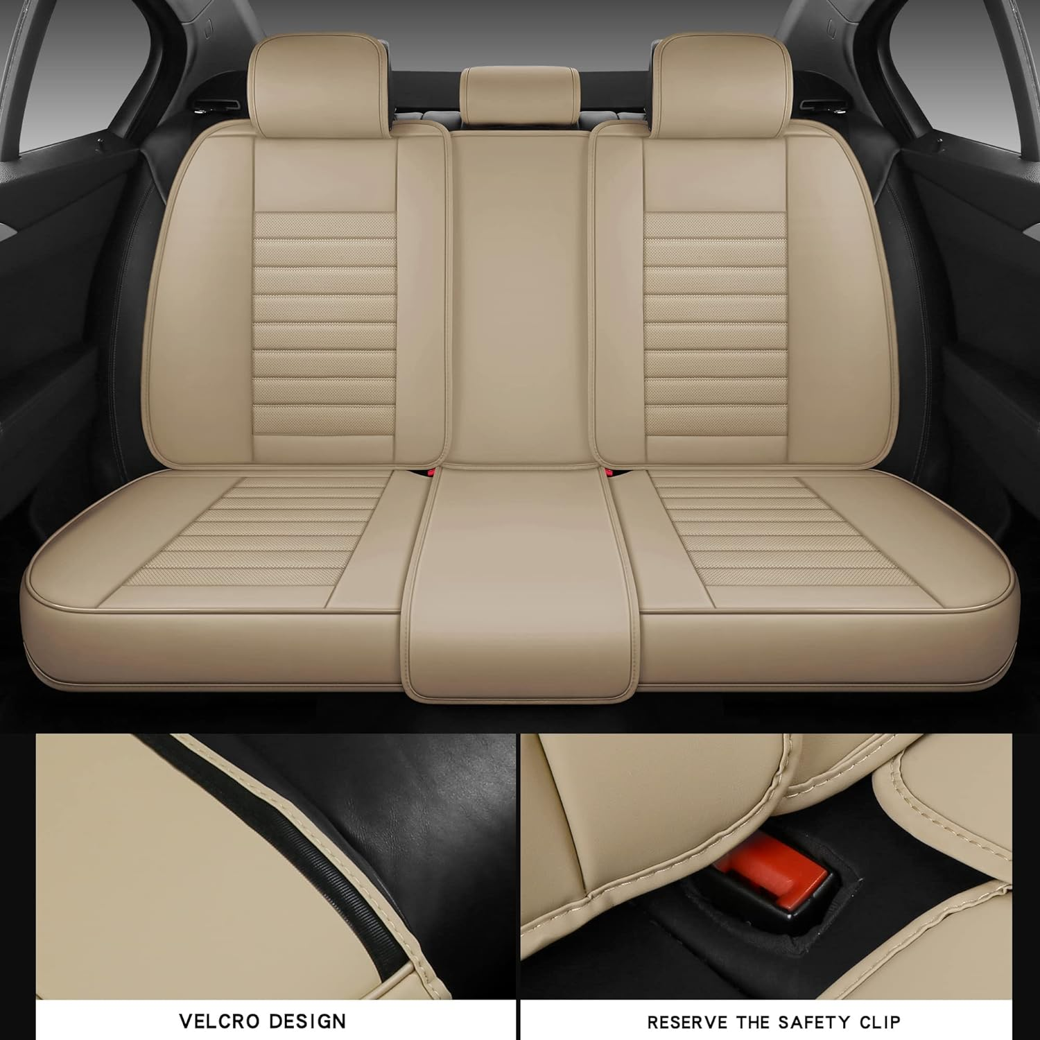 Fully Covered Automotive Car Seat Covers with Waterproof Nappa Leatherette Universal Fit for Most Cars Sedans Suvs and Pick-Up Trucks with 5 Seats (Beige, Full Set)