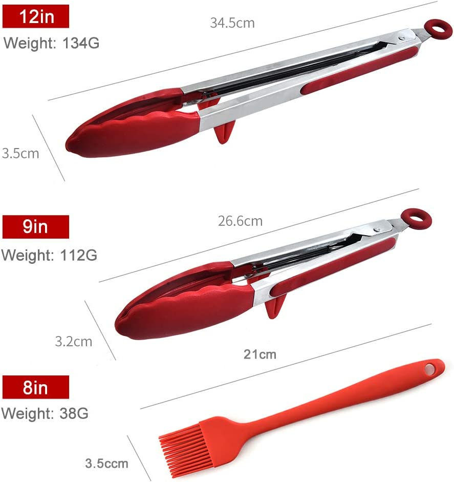 Kitchen Tongs for Cooking with Silicone Tips, Premium Stainless Steel Locking Kitchen Tongs with Stand for Baking, BBQ and Salad (12-Inch & 9-Inch Tong, plus 8-Inch Pastry Brush, Red) image number 2