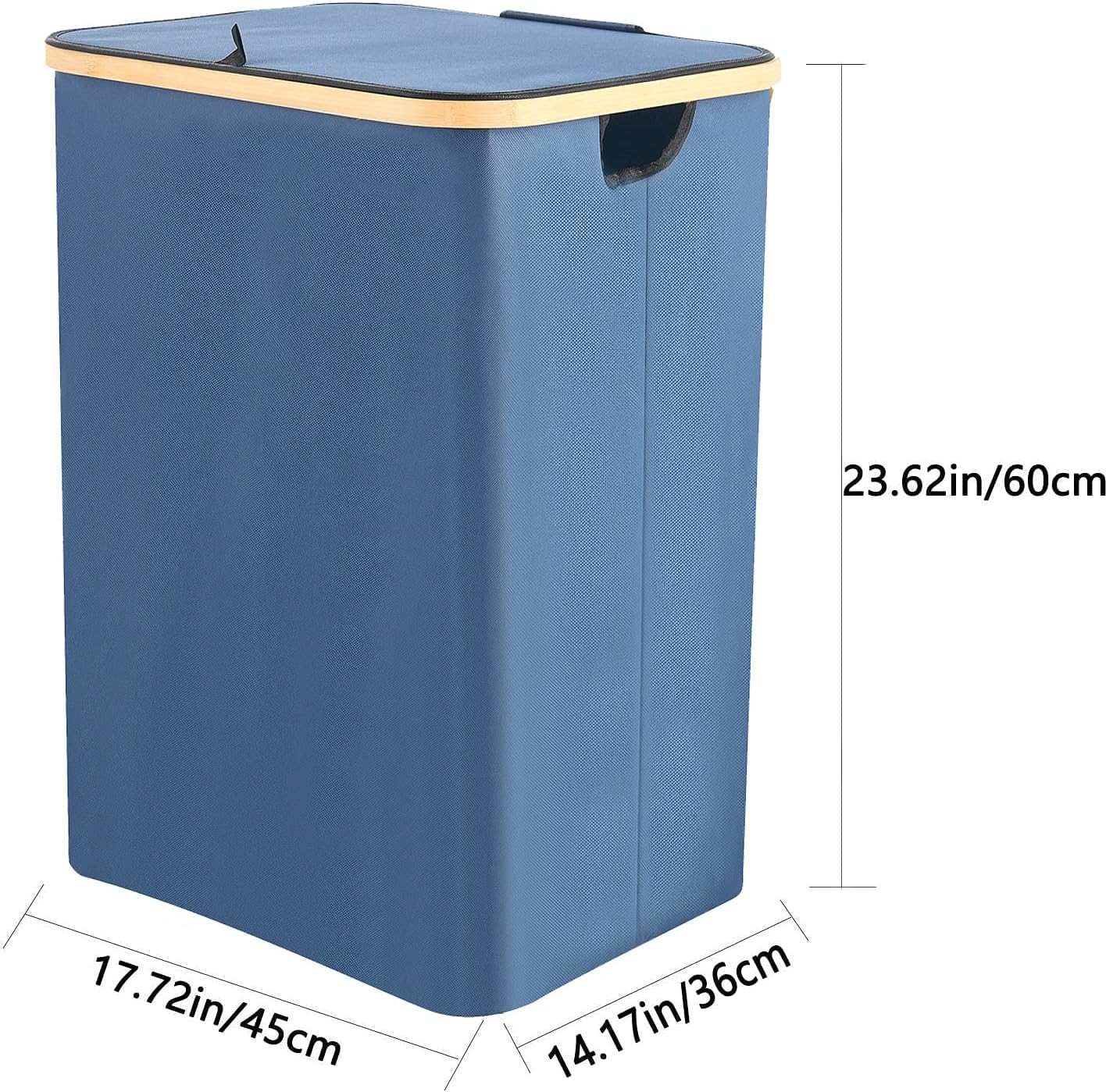 ALINK Folding Large Bamboo & Canvas Laundry Hamper- Single Laundry Basket with Lid - Modern Collapsible Hamper with Handles, Waterproof Liner, Great for Bedroom, Bathroom, Living Room-Blue