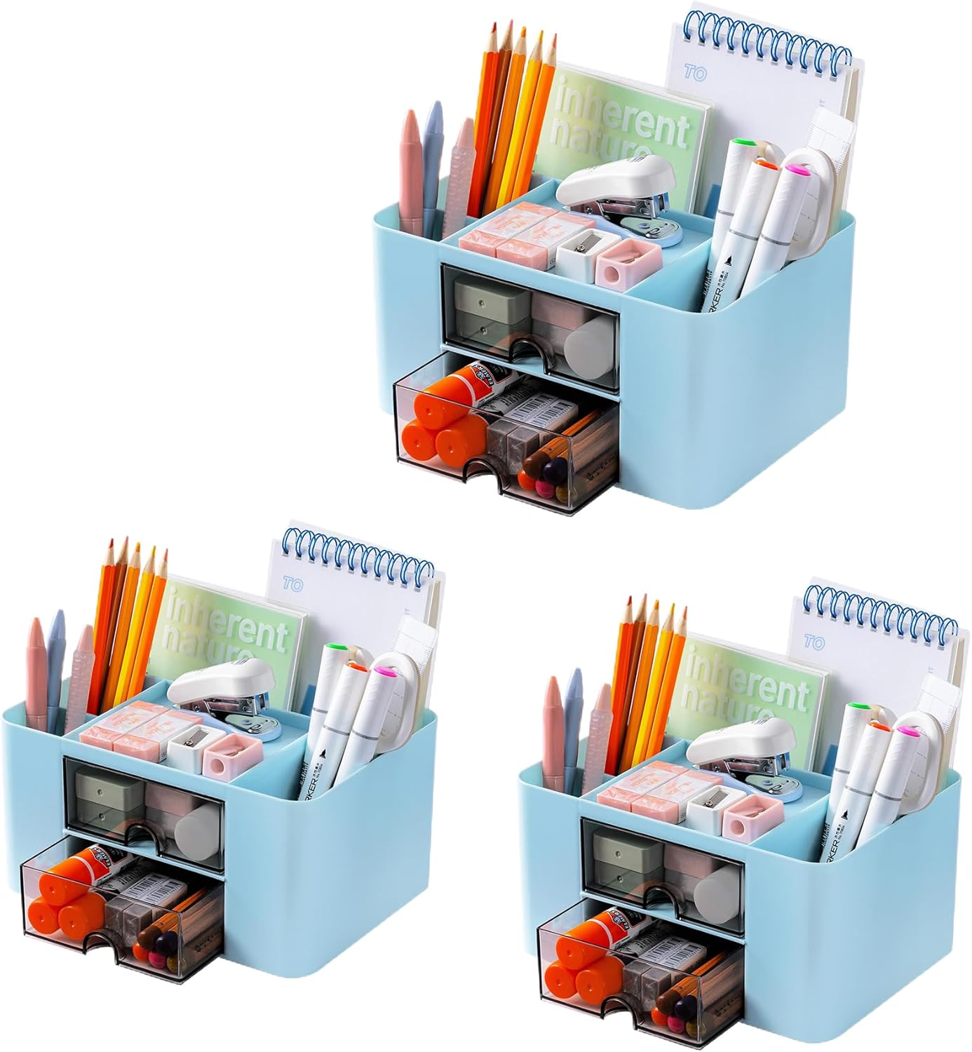 3-Piece Desk Organizer with 2 Drawers, Office Supplies Organizer, Cute Desk Accessories with Plastic, Pen Holder, Blue