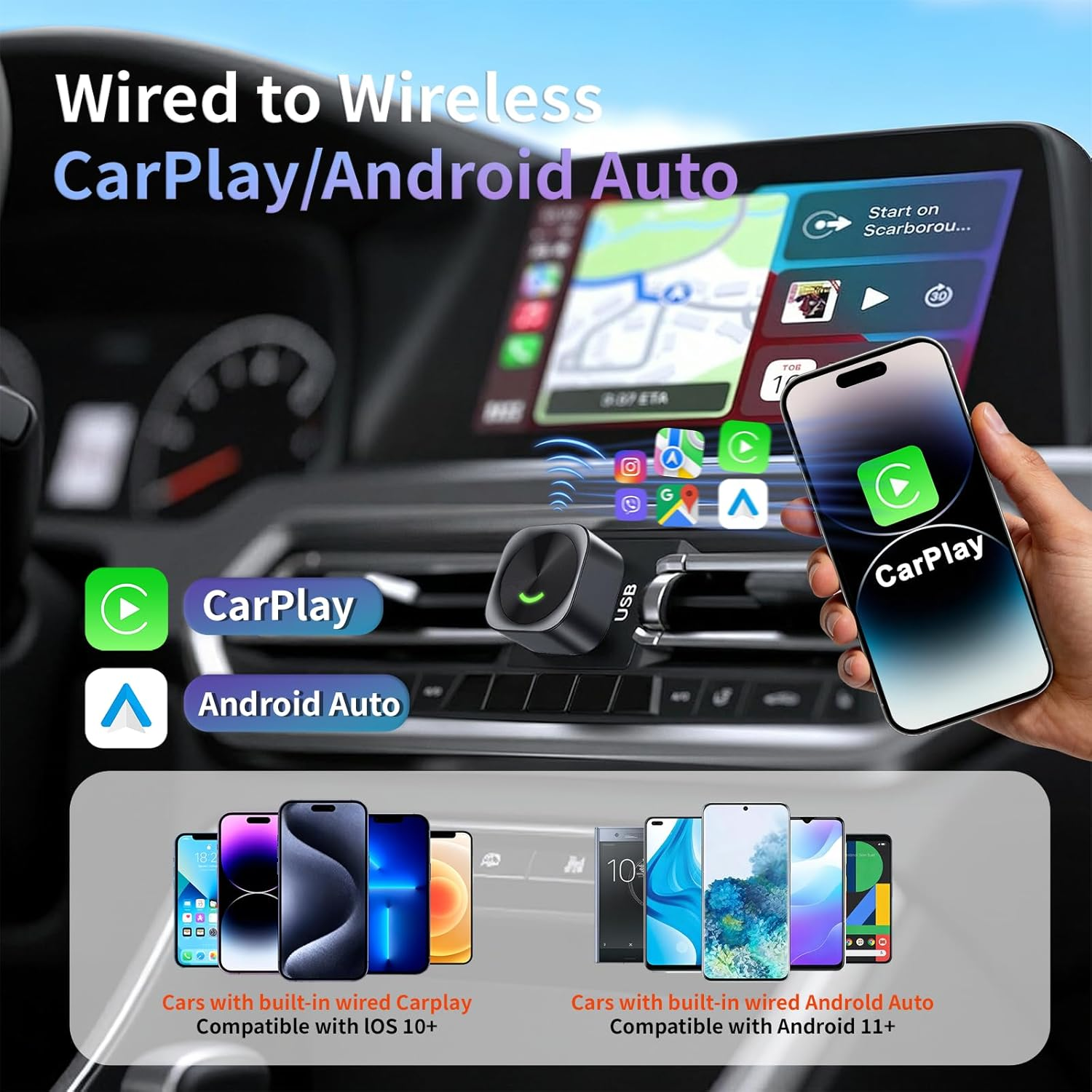 Wireless Carplay Adapter for [Iphone & Android], 50% Smaller, Ultra Compact, Fast & Stable Seamless, 5Ghz Wifi, Plug & Play, Wired to Wireless, 2 in 1 Android Auto Adapter for 2016+ Cars image number 2