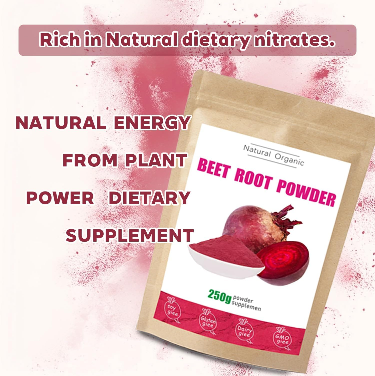 Organic Beet Root Powder - Non-Gmo Superfood for Smoothies & Baking | Nutrient-Dense Natural Vitality Support | Pure Powder with Essential Nitrates（250G） image number 1