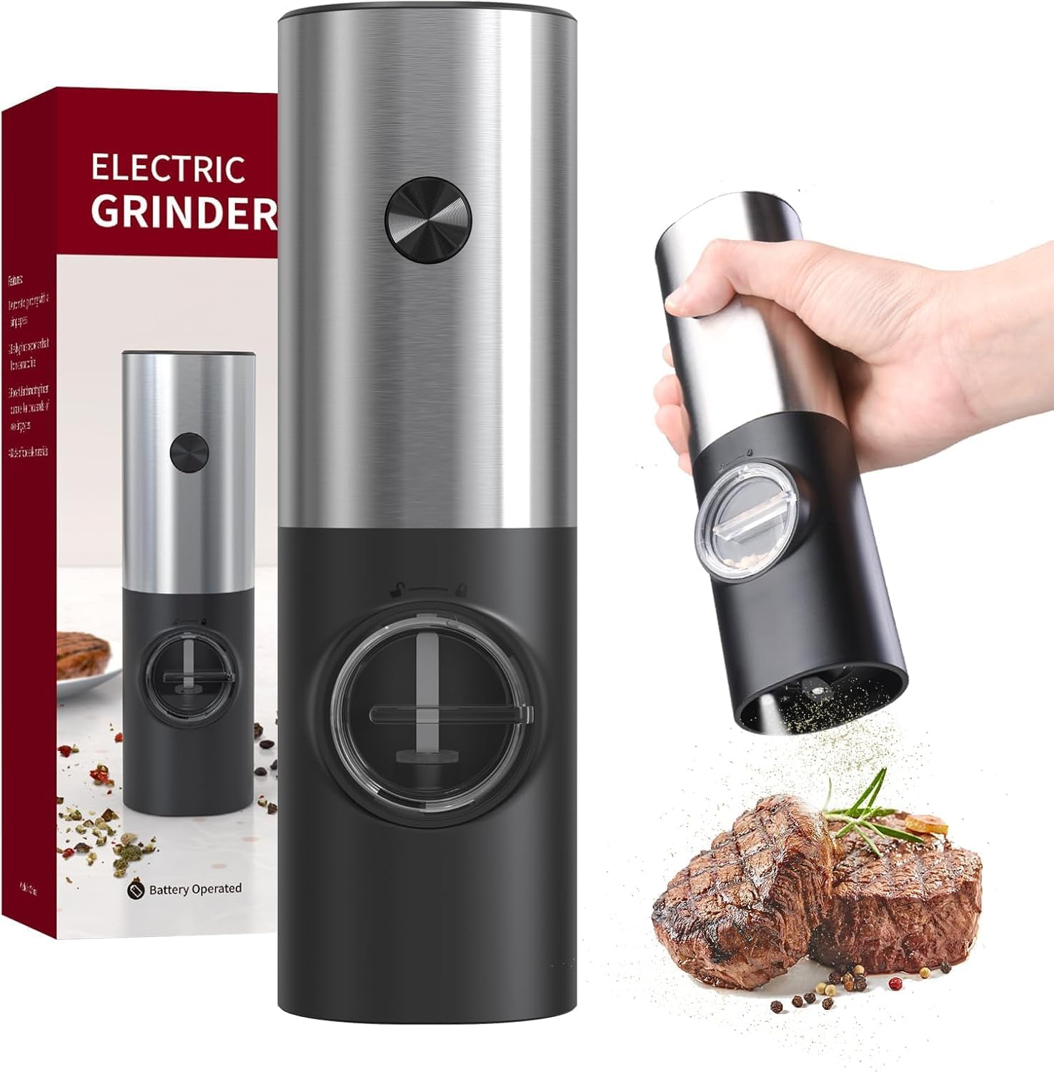 Electric Salt and Pepper Grinder Set, Battery Powered Automatic Pepper Mill, Ceramic Grinder with Adjustable Coarseness, LED Light, and Salt Mill Refillable, One Hand Operation (1 Pack-Silver)