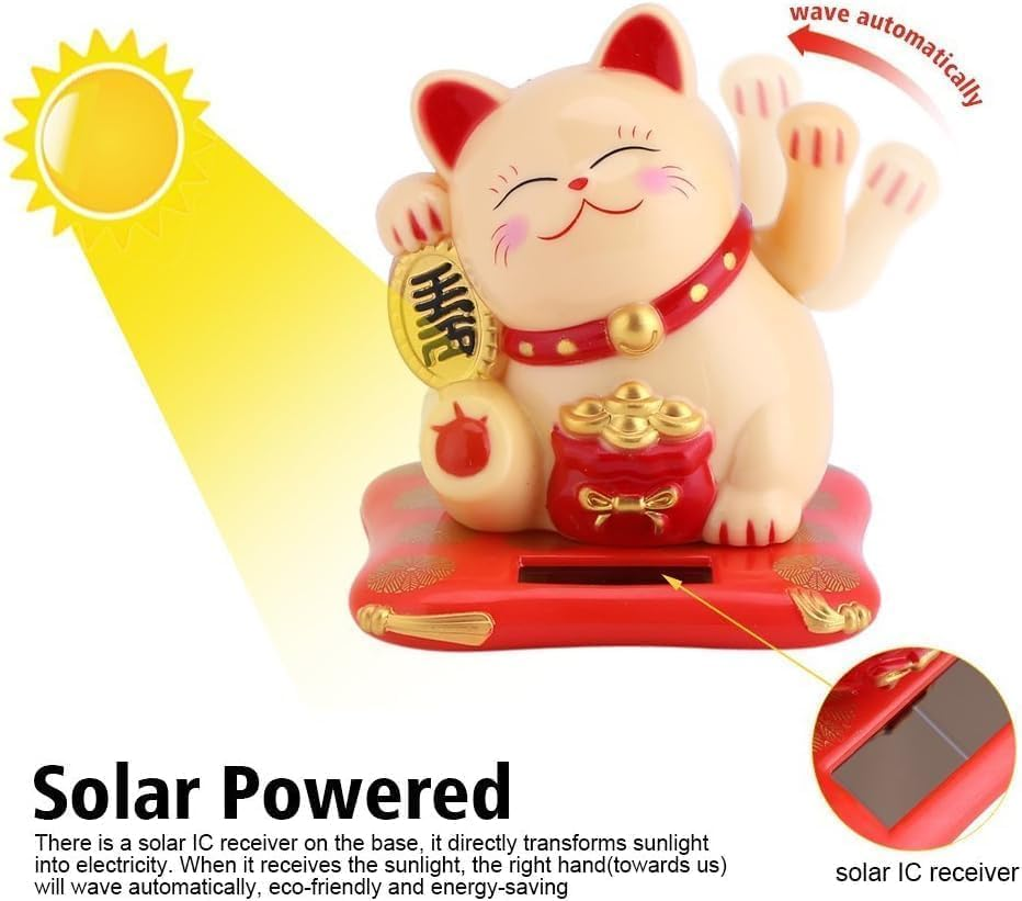 Solar Powered Lucky Cat, Lucky Cat Ornament, Fortune Cat Happy Cat Waving Arm White Wealth Welcoming Cat Solar Powered Cute Lucky Cat with Waving Arm for Home Office Car(Golden) image number 2