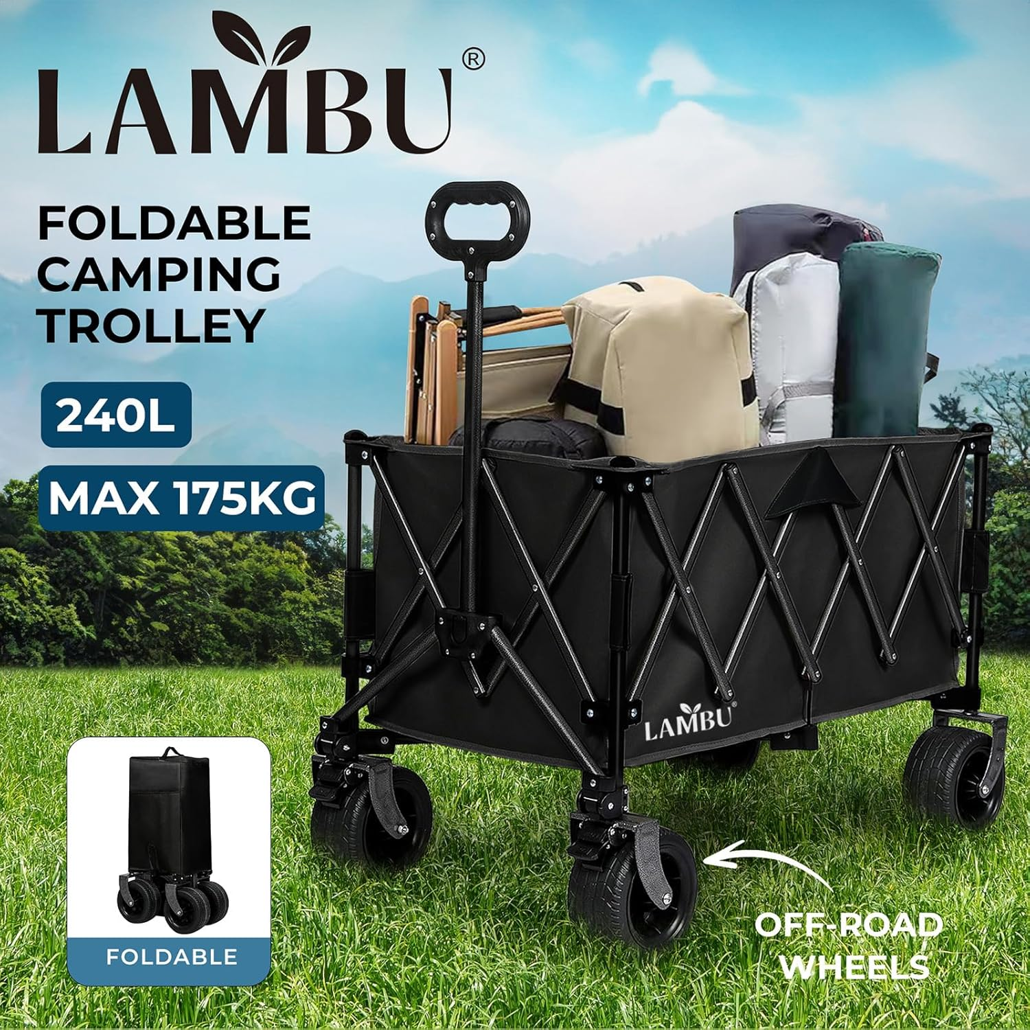 Lambu Foldable Camping Trolley Cart,240L Camping Cart Collapsible Portable Wagon Cart,Heavy Duty Folding Wagon Large Capacity Shopping Cart,Garden Outdoor Park Utility Beach Trolley (Black) image number 5