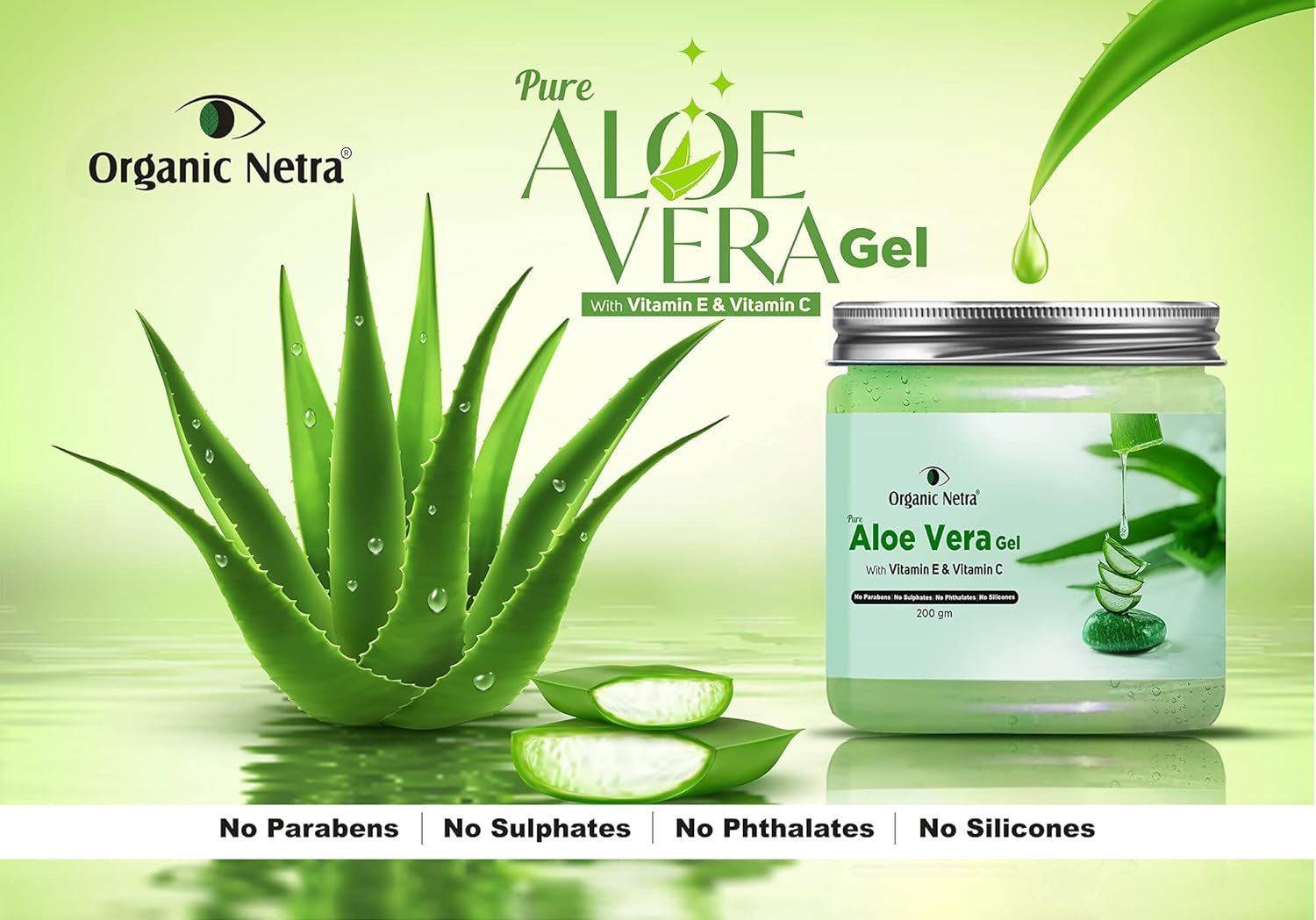 Organic Netra Pure Aloe Vera Gel with Vitamin C & E for Skin, Face and Hair Helps to Repair and Smoothens Hair Relax and Renew Your Skin and Scalp Paraben Free & Sulphate Free, 200Gm