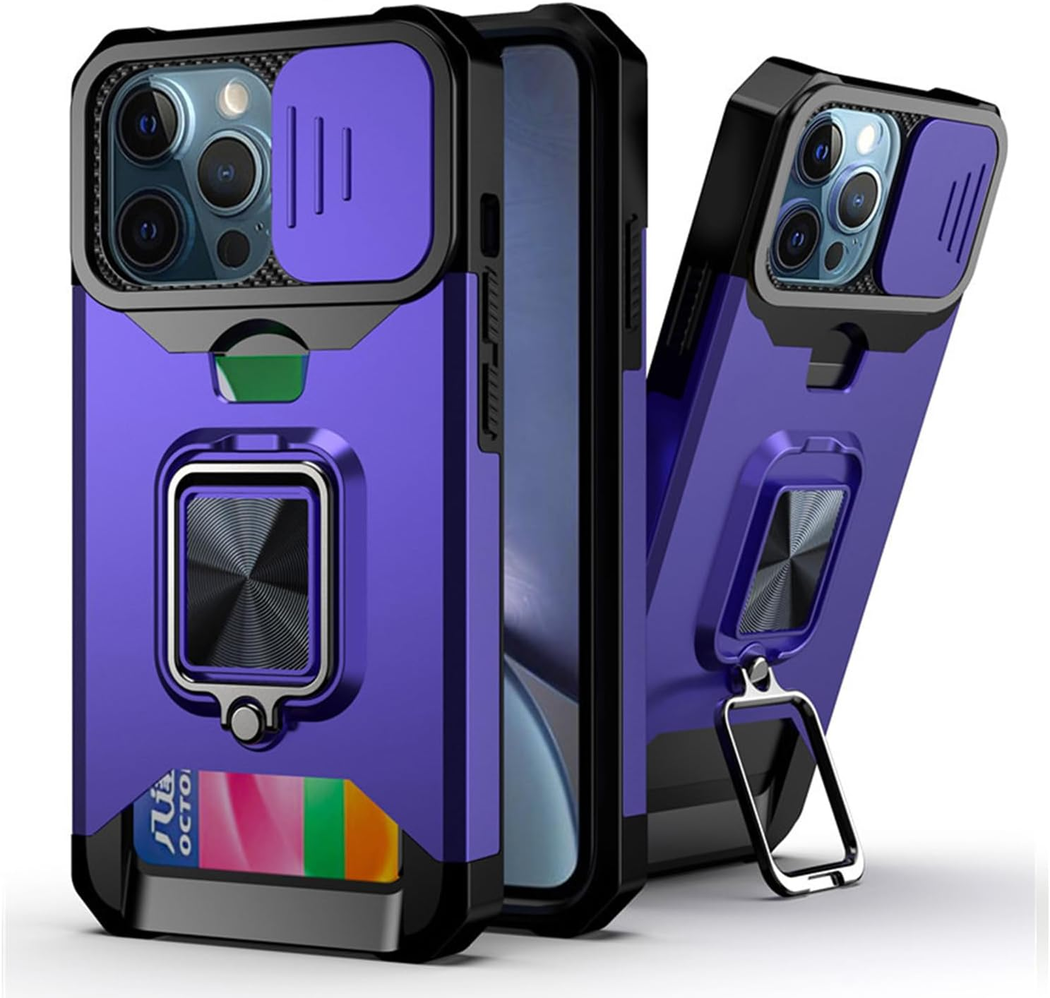 Case for Iphone 13 Pro Max Case 6.7'' with Stand, Credit Card Slot, Military Grade Shockproof Portective Case, Slide Camera Cover, Compatible with Magnetic Car Mount Holder (Purple)