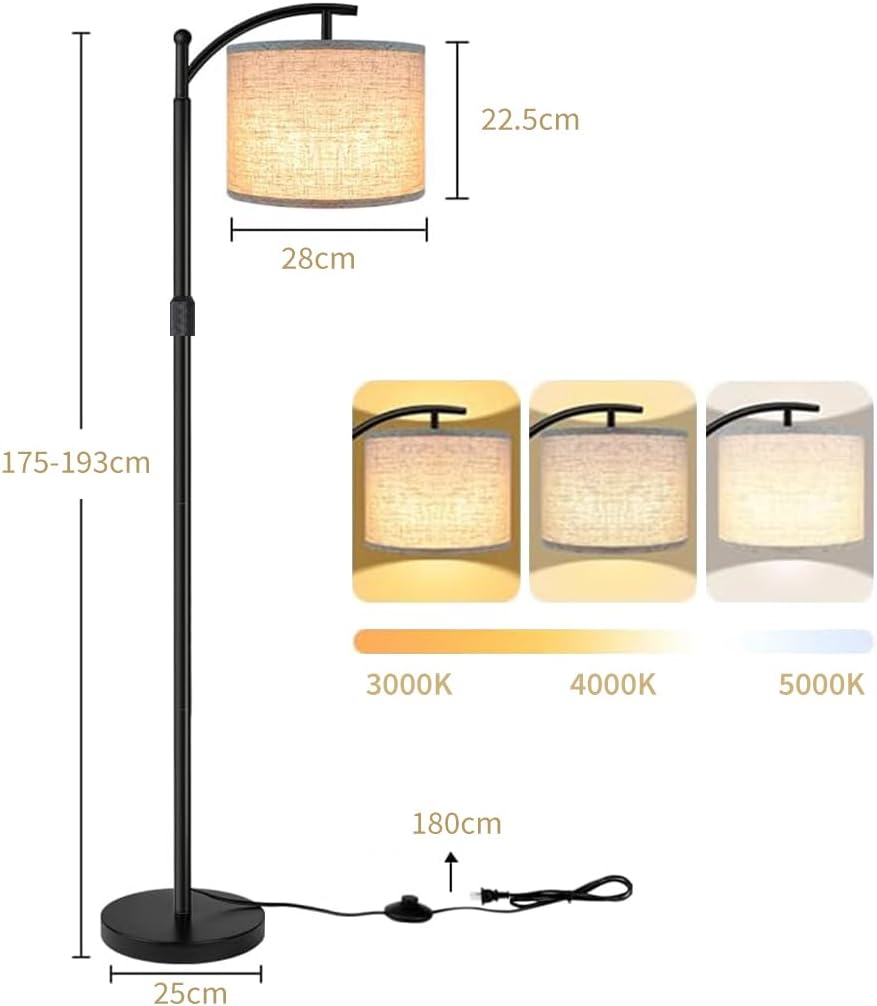 Clora Modern Arc Floor Lamp Standing Lamp with 3 Color Temperatures, 160-175Cm Adjustable Height Corner Tall Lamp with Linen Shade & 12W LED Bulb Included for Living Room Bedroom Office Dorm Reading image number 5