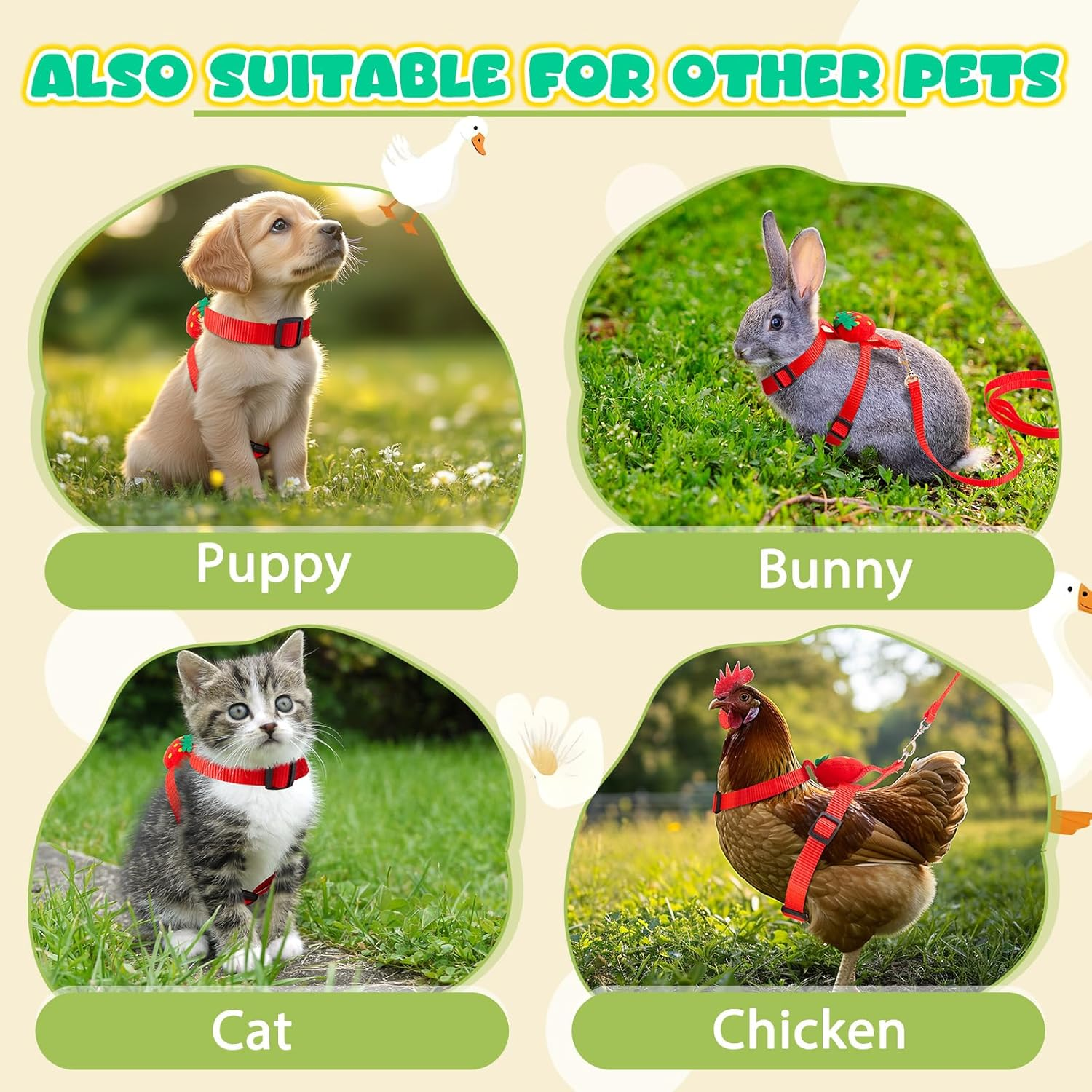 Siltriangle Cole Duck Harness Leash Set Adjustable Walking Cole Duck Harness Rope Pet Vest Cute Strawberry Pattern Outdoor Training Traction Rope for Chicken Rabbit Kitten Pig Puppy Small Animals(Xs) image number 3