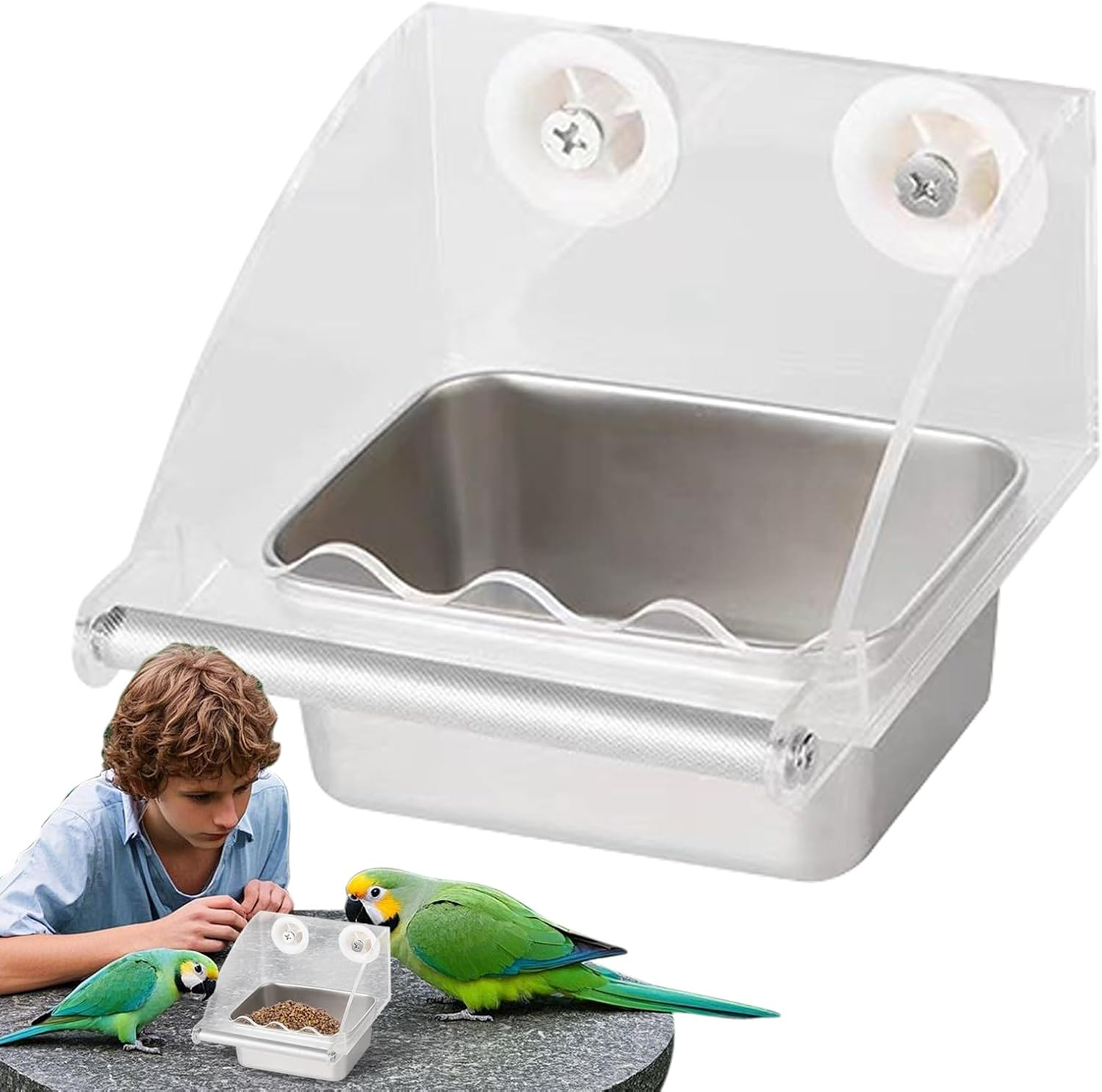 Parakeet Feeder - Clear Bird Feeder inside Cage | with Anti-Slip Bracket Stainless Bowl for Hummingbird Lovebirds Parrots Indoor Garden image number 1