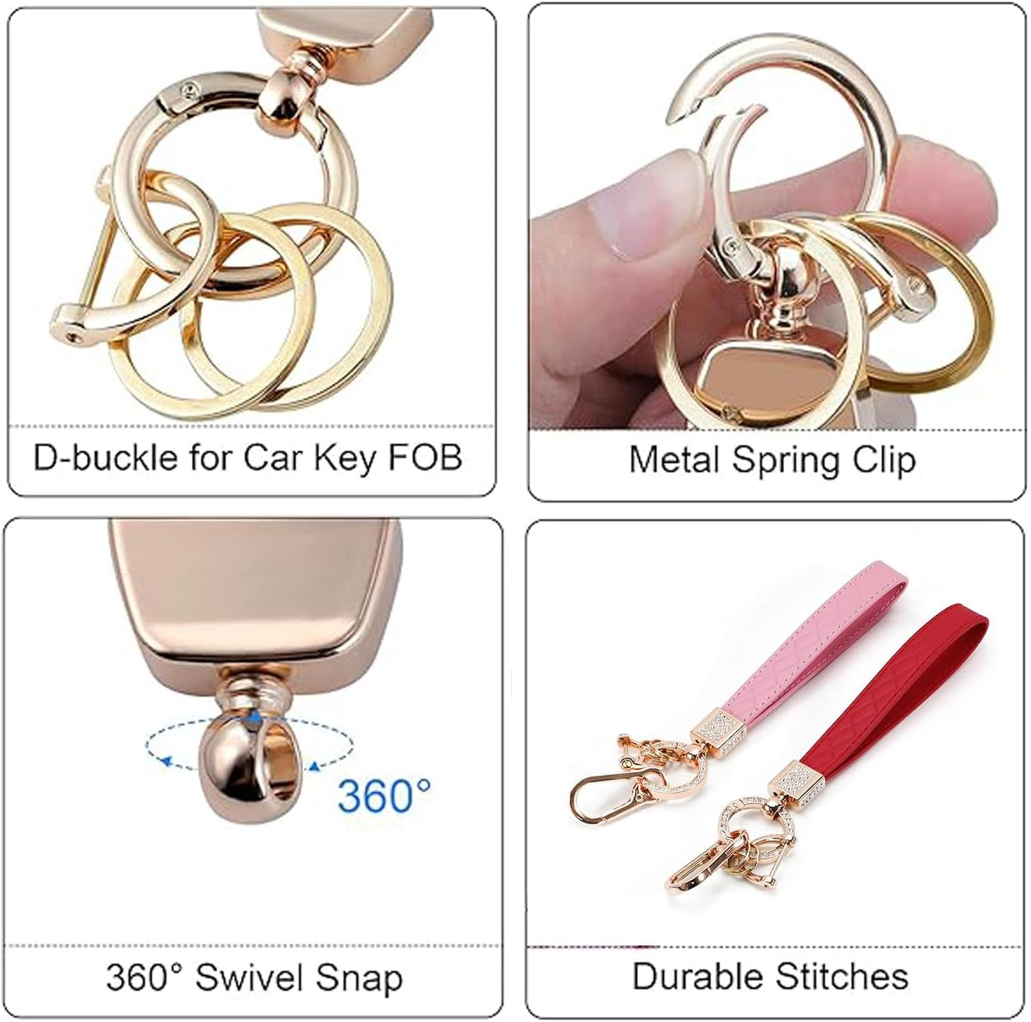 Leather Keychain Wristlet,2Pcs Leather Car Keychain Key Ring Lanyard Accessories,Rhinestone Inlaid Alloy Car Key Chain,360&deg;Rotatable Wrist Fob Keychain Holder,Car Key Chain Cover image number 3