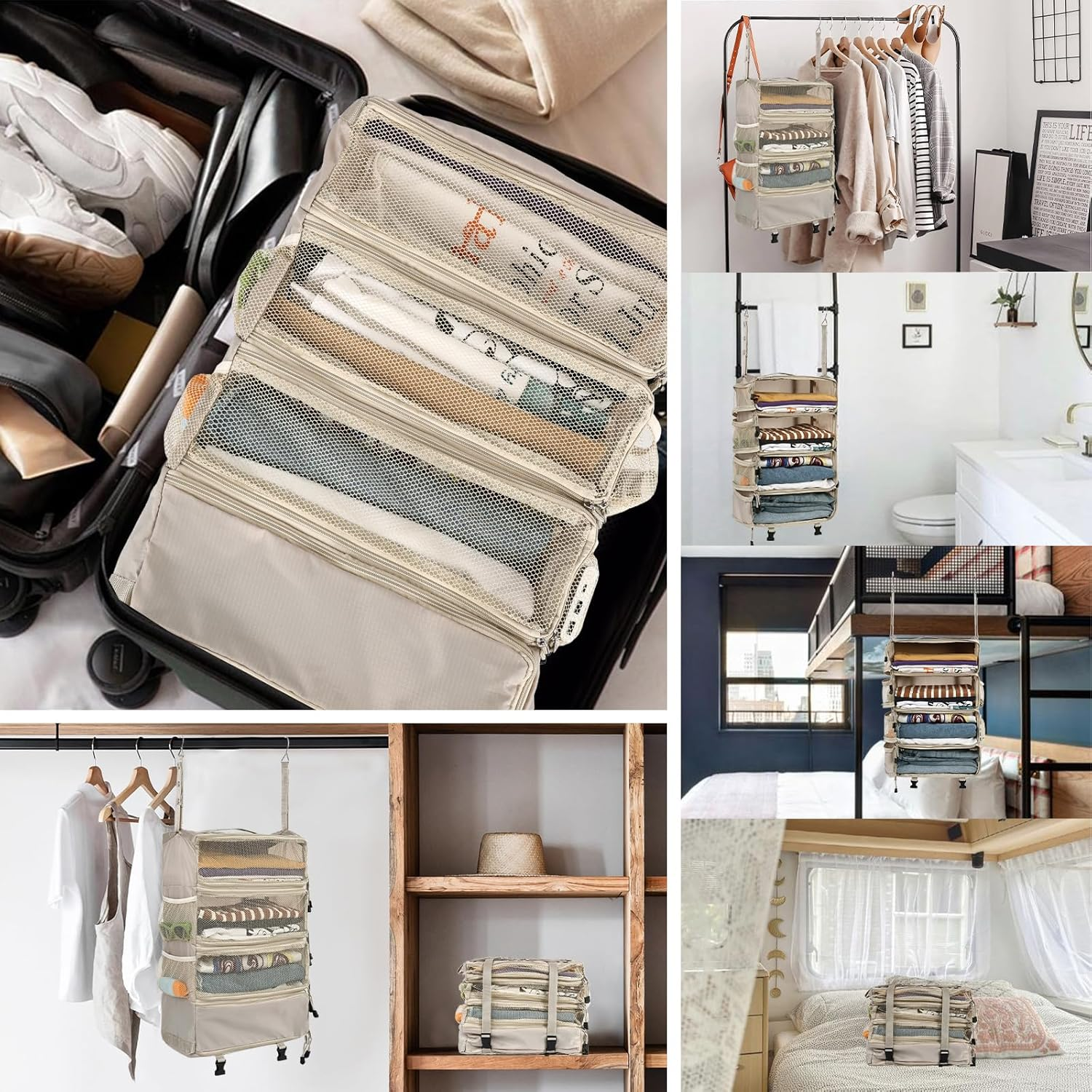 Surblue Travel Hanging Luggage Organizer Portable Suitcase Closet Organizer Multiple Compartments Collapsible Compression Packing Cubes Shelf, Beige,M image number 3