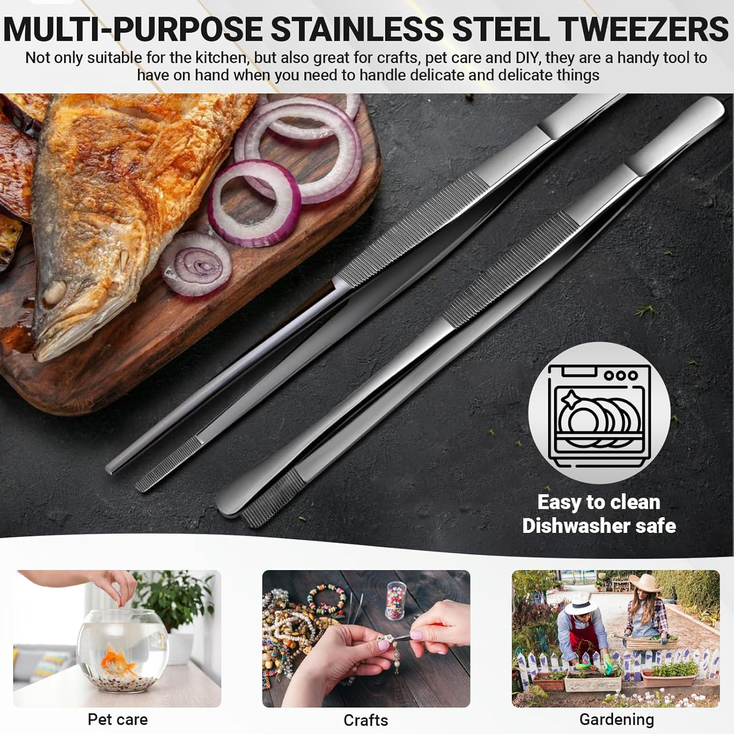 JOWILIN Kitchen Tweezers, 2 Pcs 304 Stainless Steel Cooking Tweezers Tongs, 12'' Long Food-Grade Including Fine Head and Broader Head for Cooking BBQ Grilling Barbecue Culinary Serving (Silver) image number 3