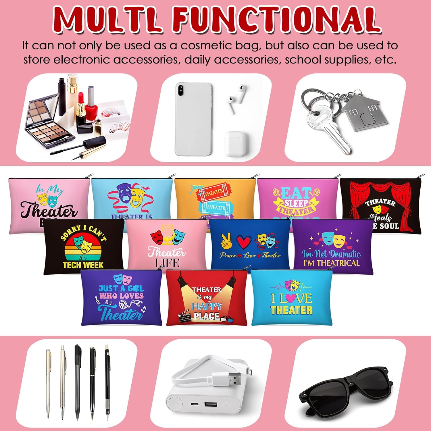 Reginary 12 Pcs Theater Makeup Bag Musical Drama Broadway Gifts Cosmetic Bag Comedy Tragedy Mask for Women Theater Lovers Actress Birthday Graduation Travel Zipper Pouch, Multicolor, Theater image number 3