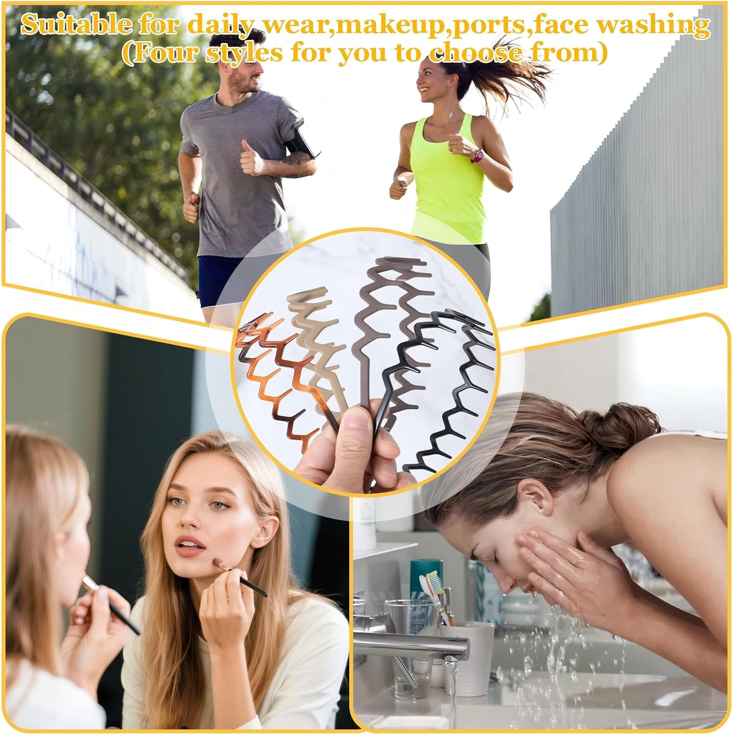 Set of 4 Zig Zag Headbands, Recycled Plastic Wavy Toothed Hair Band, Tooth Comb Hairband Wavy Zigzag Headband for Women and Men, Classic 90S Hair Hoop Accessories (Black + Brown + Khaki + Coffee) image number 5