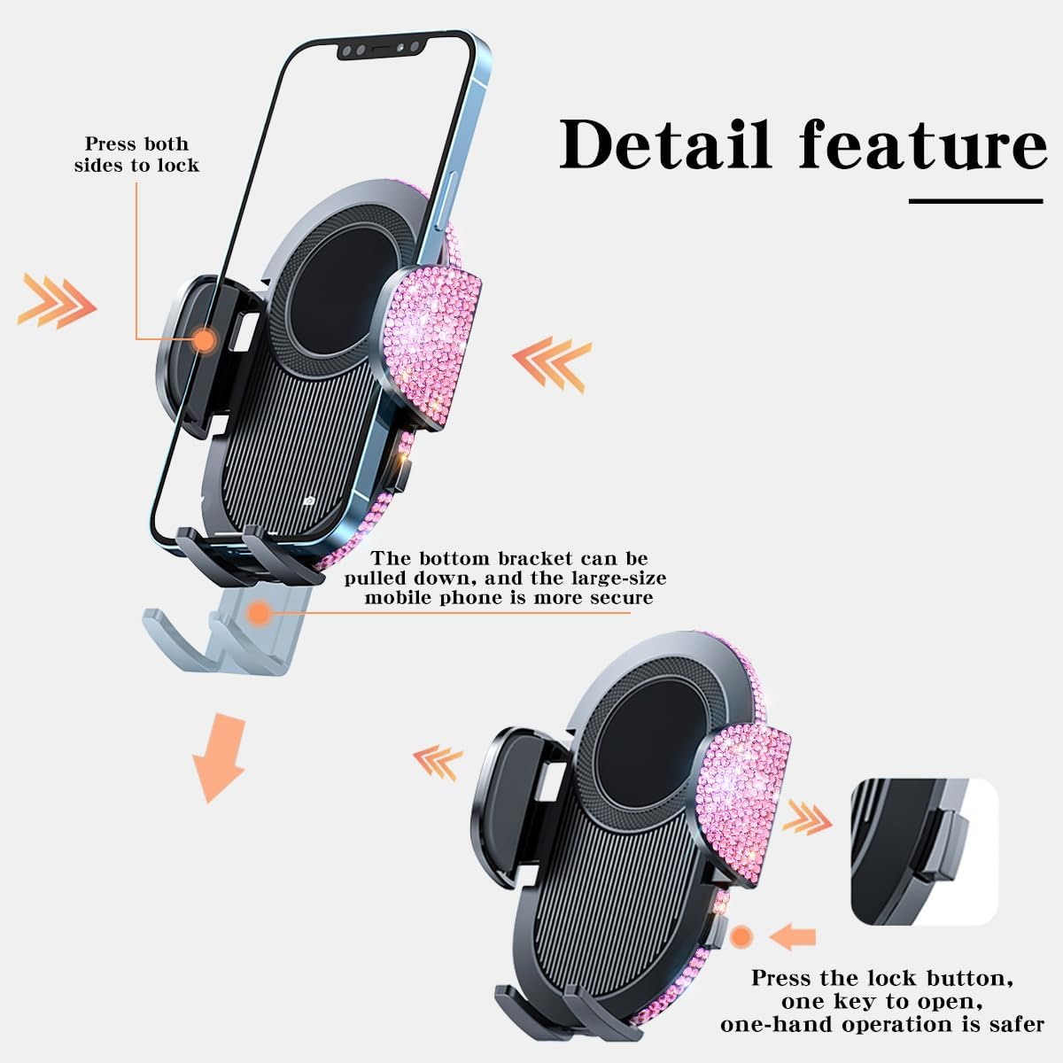 Bling Phone Holders for Car Women[Powerful Suction] [Rally Racing-Grade Stability] Sparkle Car Phone Holder Mount Dashboard Windshield Vent for Iphone All Phones (Pink Rhinestone) - Black image number 3