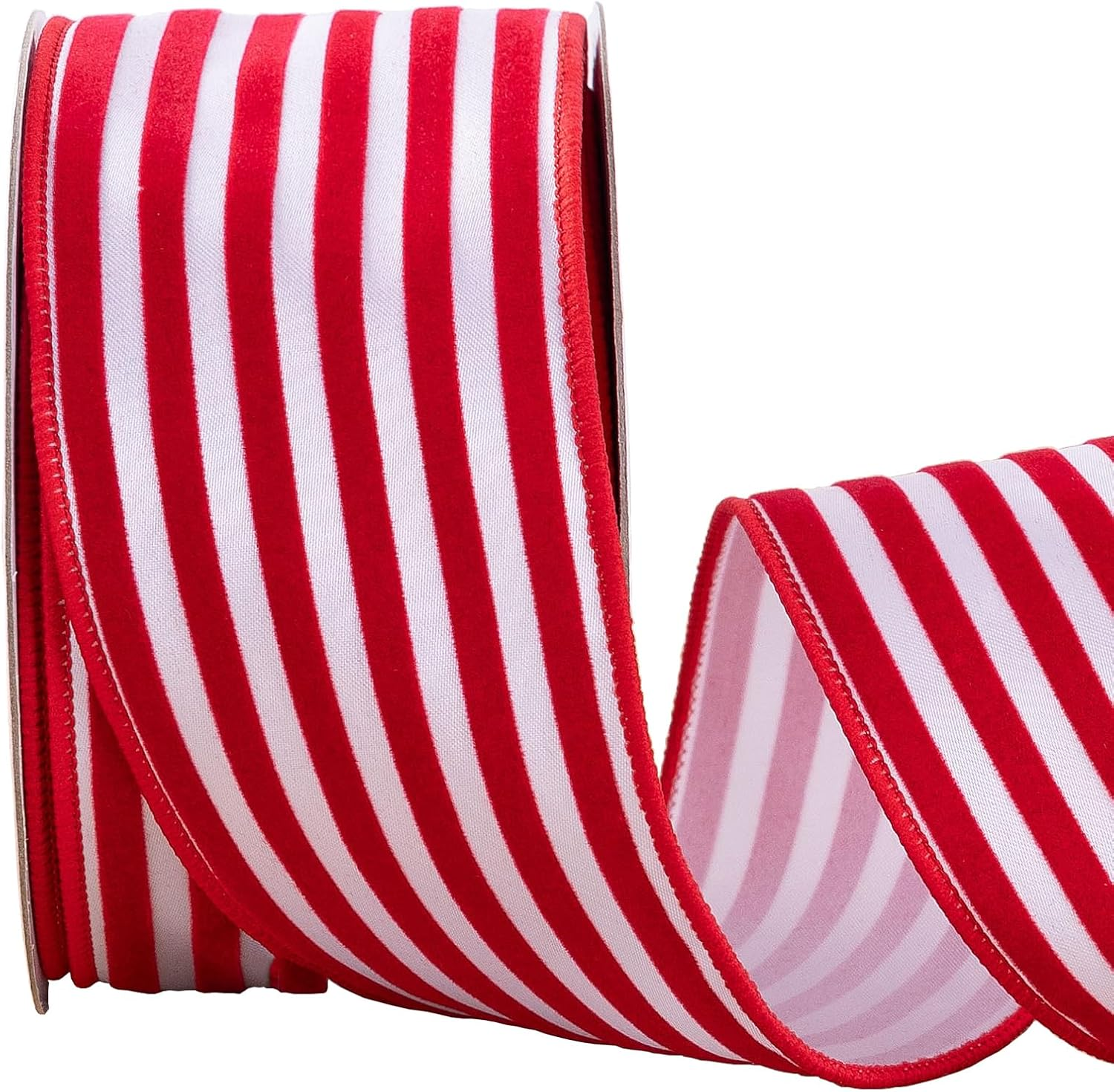 Red Velvet Striped 2.5Inch Wide*10Yards Red Velvet Striped Wired Ribbon and White Satin for Christmas Tree,Holiday,Garland,Gifts,Wrapping,Wreaths,Bows(2.5" Stripe)
