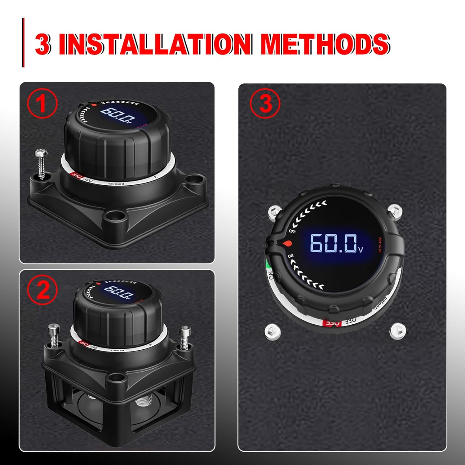 Upgrade Battery Disconnect Switch with Digital Voltage Display, DC 5-60V, Power Master Isolator Cut off Switch for Car Truck Marine Boat RV Camper Trailer, Black (On/Off) image number 5