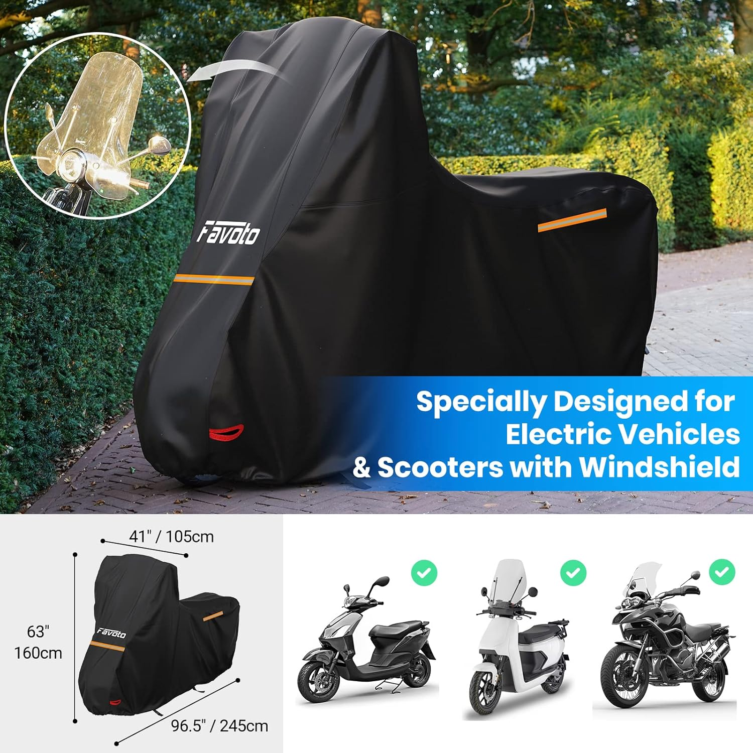 Favoto Motorcycle Cover Waterproof Motorcycle Cover Panel Outdoor 210D Oxford for Motorcycles Electric Scooter with Windscreen Reflective Strips Lock Hole 245 Cm X 105 Cm X 160 Cm Black image number 6