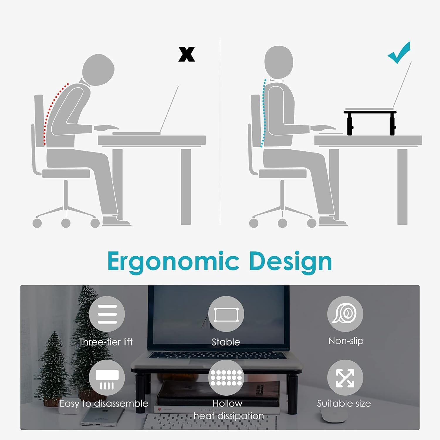 Mumoo Bear Monitor Stand, Monitor Stand Riser 3 Height Adjustable, Monitor Riser with Airflow Vents, Laptop Stand for Desk, Laptop Riser, Desk Organizer for Monitor, 15.6" Laptop, PC, Printer image number 2