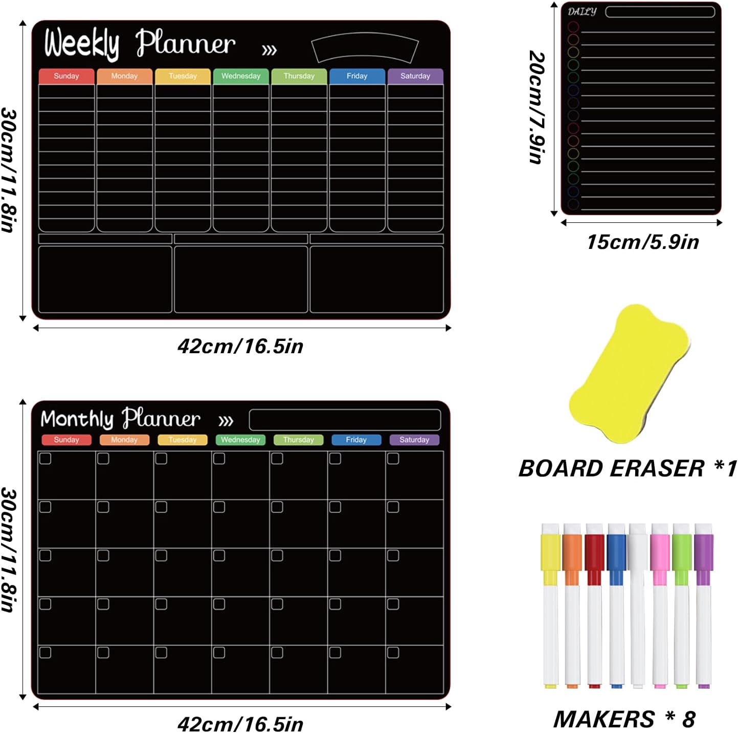 Yakiter 3Pcs Magnetic Fridge Calendar, Monthly, Weekly & Shopping List Refrigerator Planner, Reusable Calendar with Dry Erase Board and 8 Markers, Kitchen Whiteboard (3 PCS)