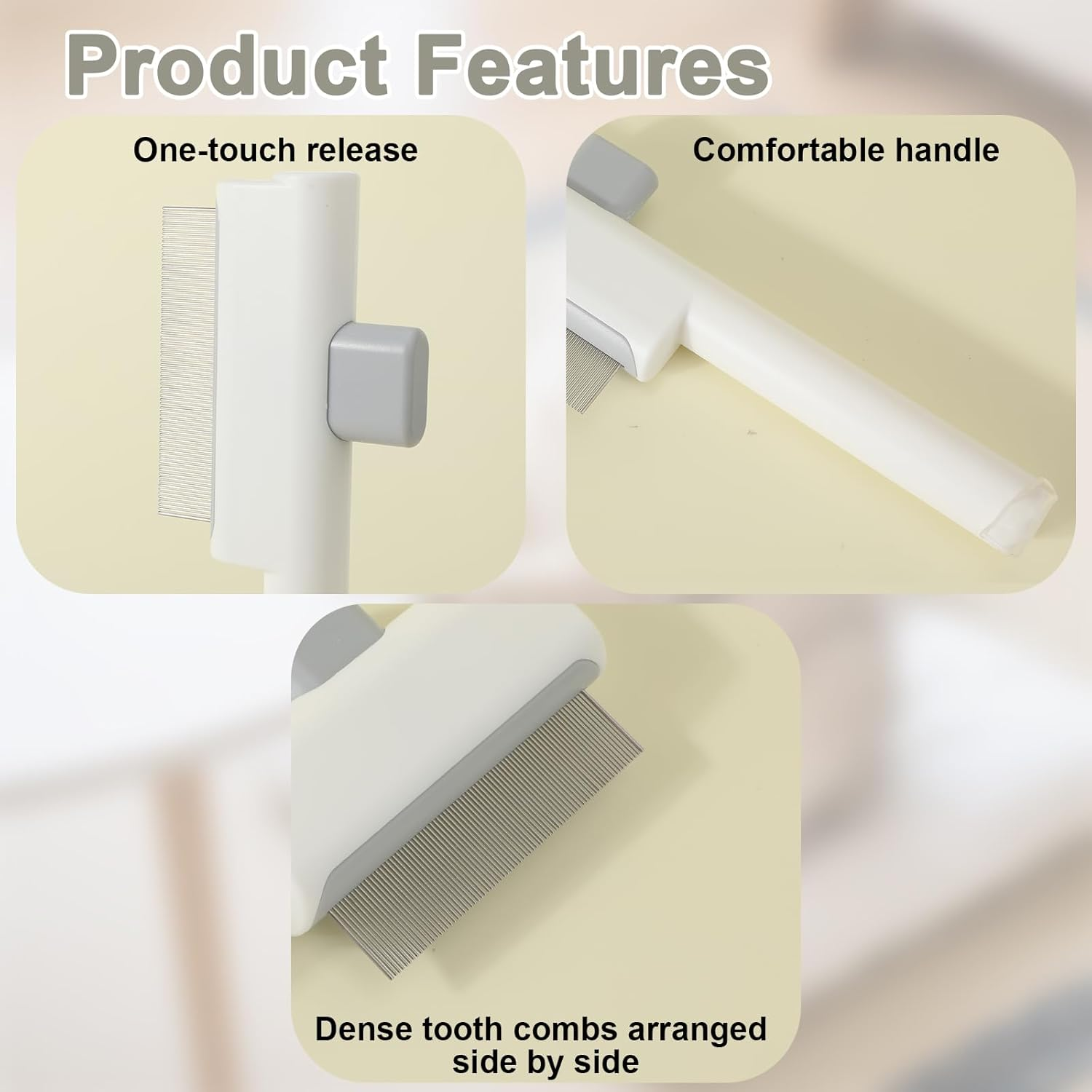 Pet Hair Remover Comb, Cat Brush with Release Button Self-Cleaning Pet Grooming Brush for Shedding Tangles & Removal Loose Hair for Dogs Cats (Side by Side Tooth) image number 3