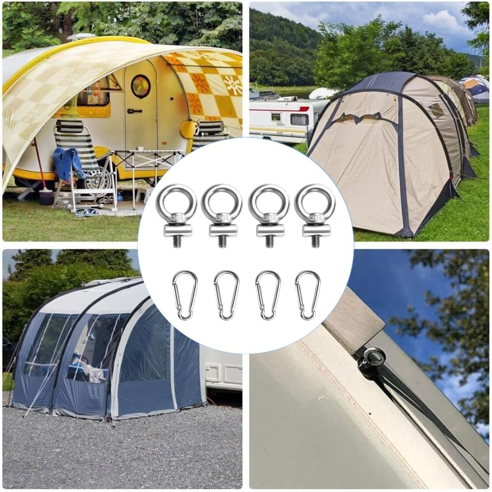 4Pcs Awning Rail Stoppers Rail Track Screws,6Mm Stainless Steel Awning Piping Stoppers with Carabiners, Secure RV Caravan Motorhome Campervan Tent Awnings Accessories image number 5