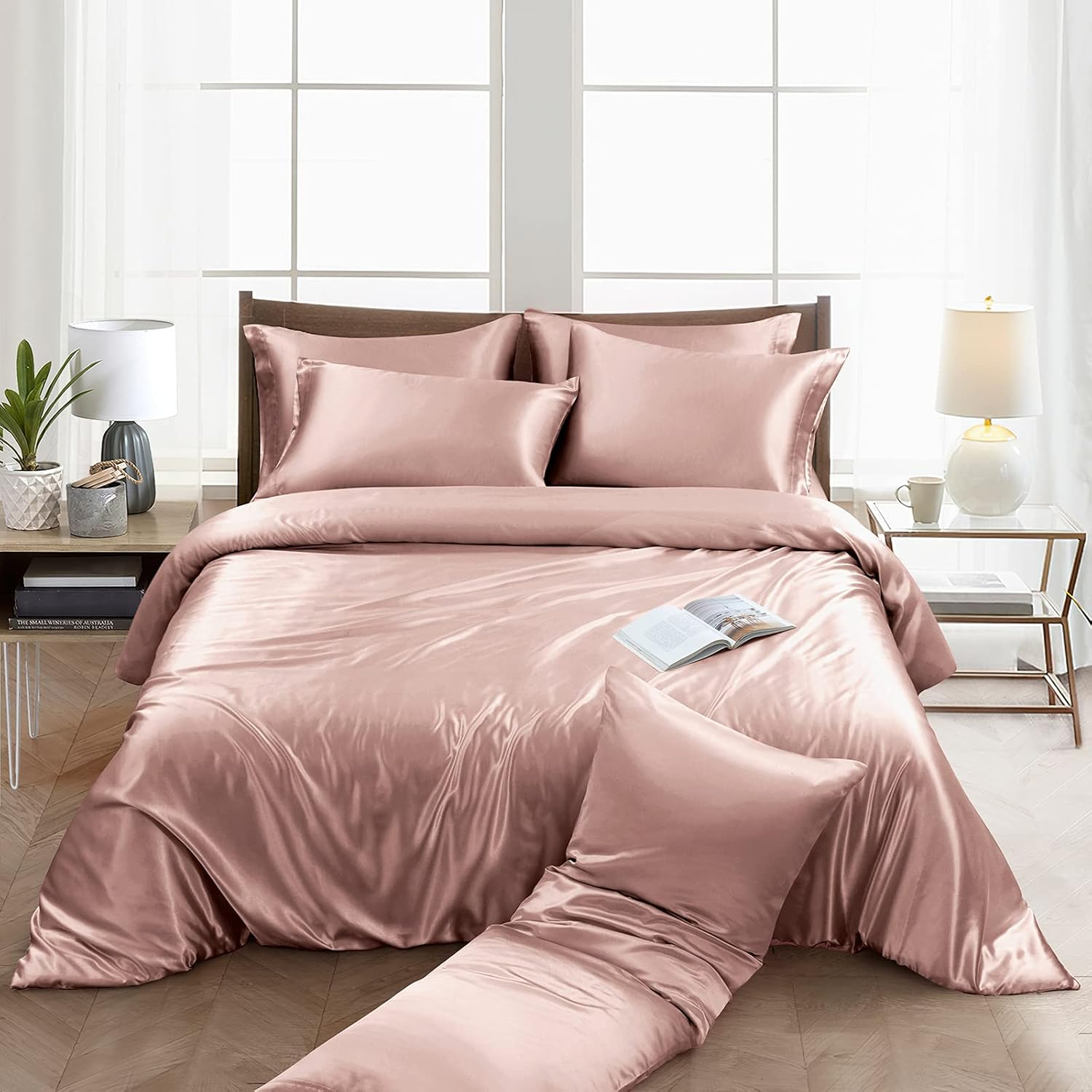 Ersmak 6 Pieces Satin Duvet Cover King Size Luxury Silky Bedding Duvet Cover Set with 1 Soft Duvet Cover, 4 King Pillowcases and 1 Body Pillowcase, Champagne image number 1