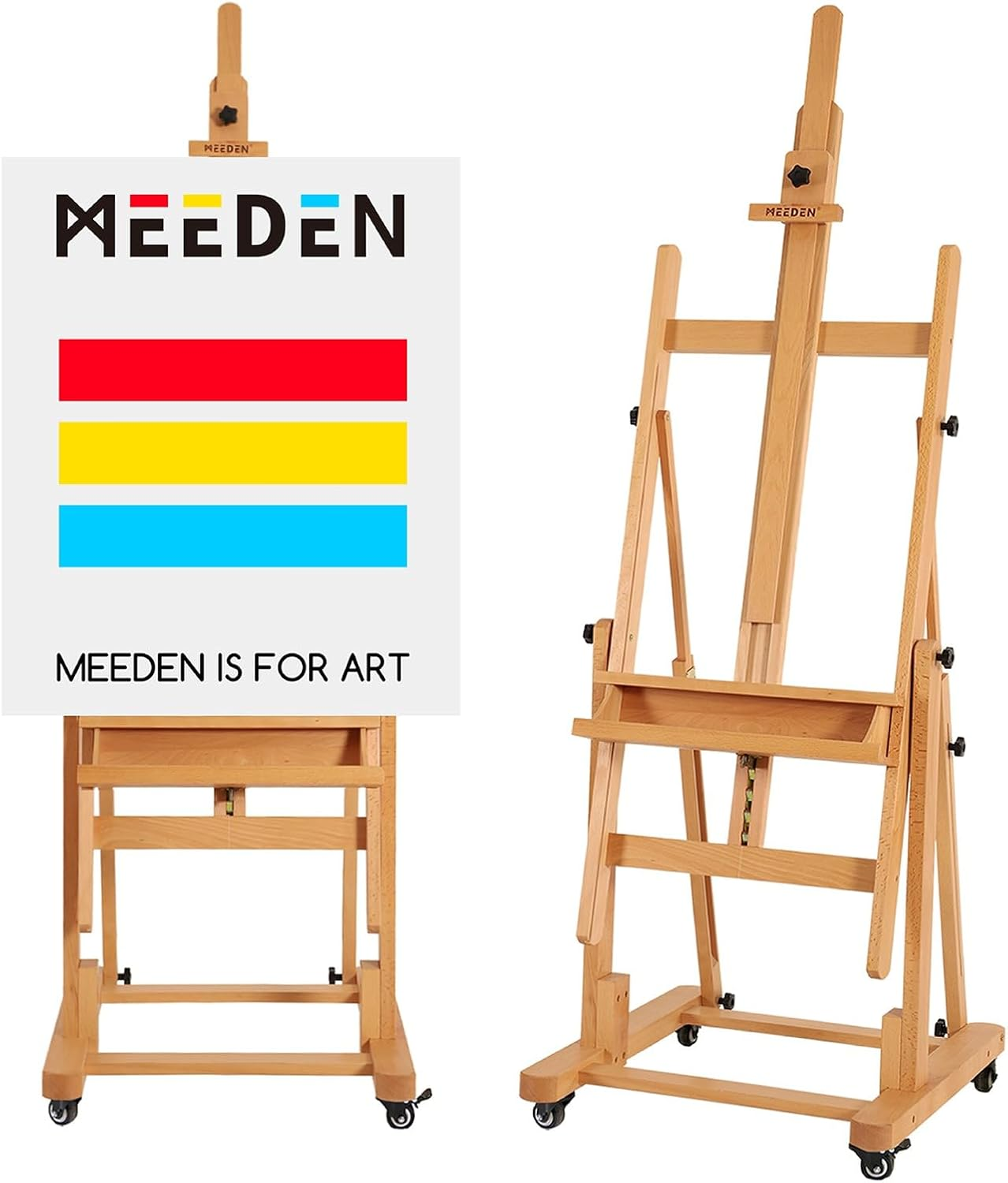 MEEDEN Extra Large Heavy-Duty H-Frame Studio Easel - Solid Beech Wooden Artist Professional Easel, Painting Art Easel Stand with 4 Premium Locking Silent Caster Wheels, Hold Max 82"