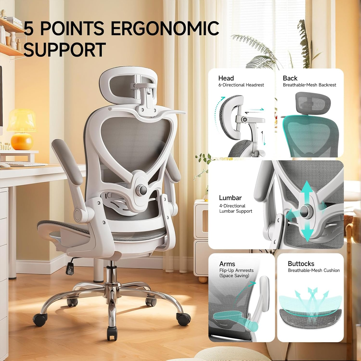 Ergonomic Chair with 3D Headrest, Office Chair with Coat Hanger, Gaming Chair with 2D Lumbar Support & Flip up Arms, Computer Chair Mesh Cushion & Backrest for Office, Study & Meeting, Grey image number 2