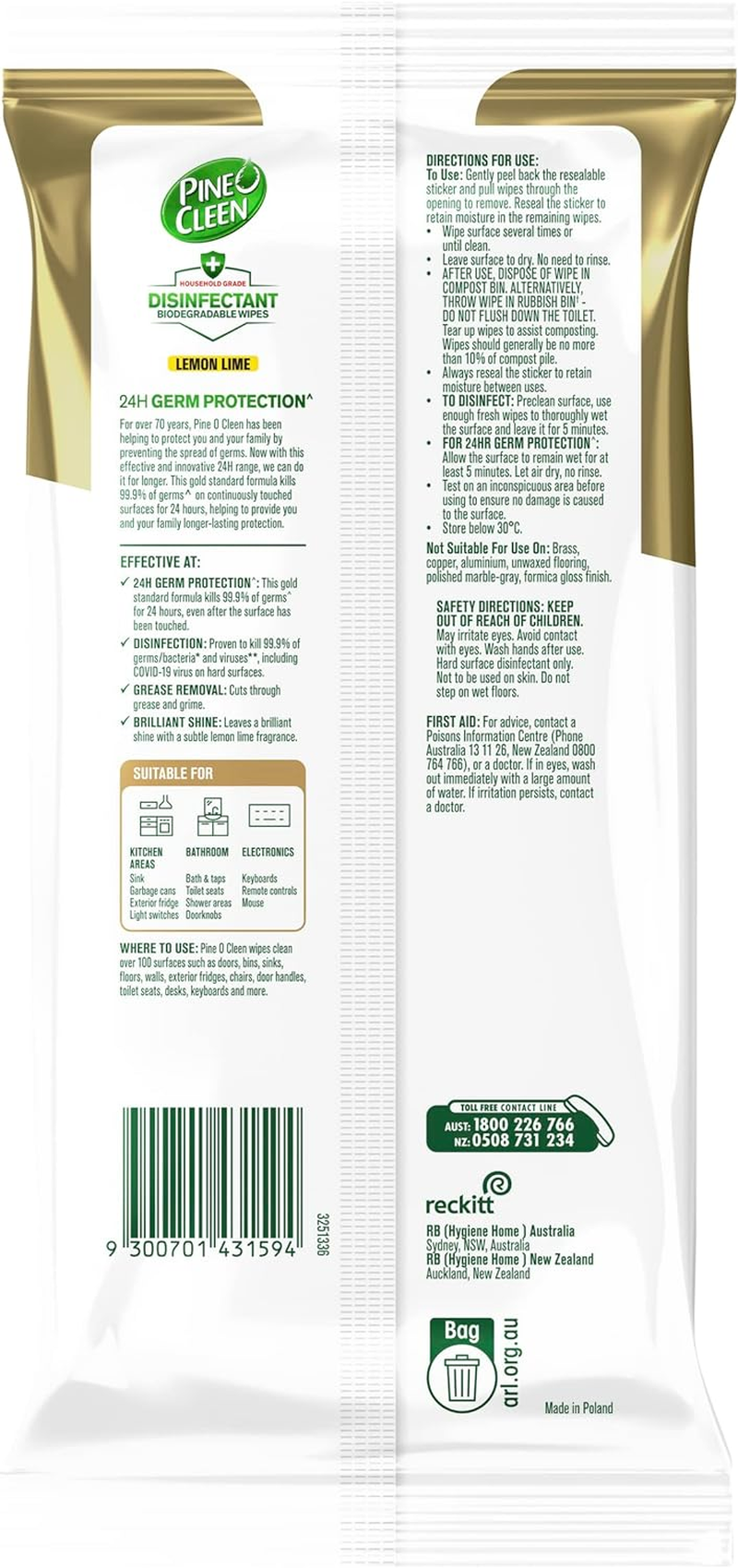 Pine O Cleen 24H Germ Protection Disinfectant Biodegradable Wipes Lemon Lime 252 Pack image number 2