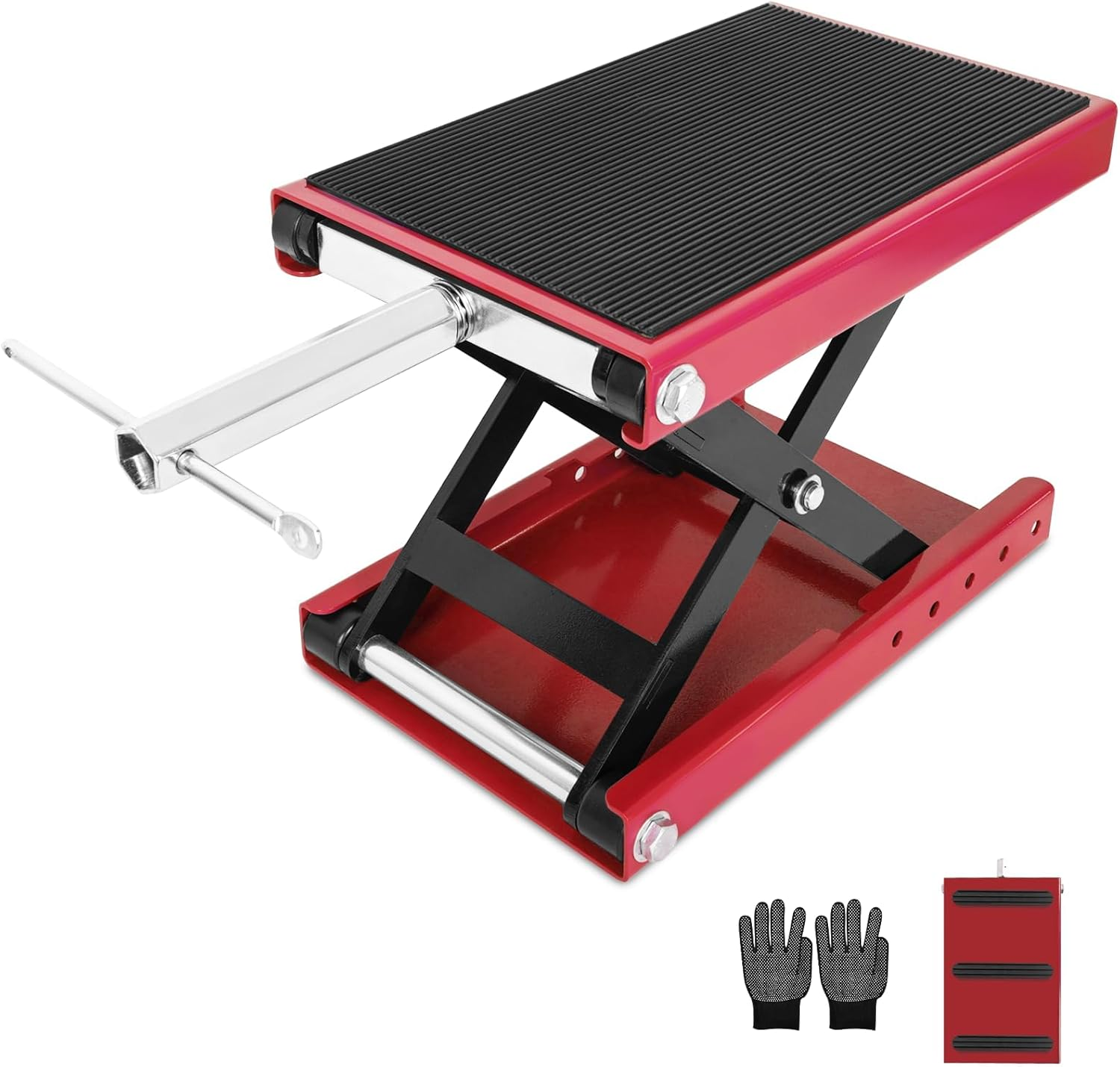 Motorcycle Lift, 500 KG/1100 Lbs Capacity Motorcycle Scissor Jack with Upgraded Anti-Slip Bottom and Thickened Rubber Wide Deck,Steel Motor Bike Hoist Stand with Crank for ATV, Cruiser Bikes image number 1