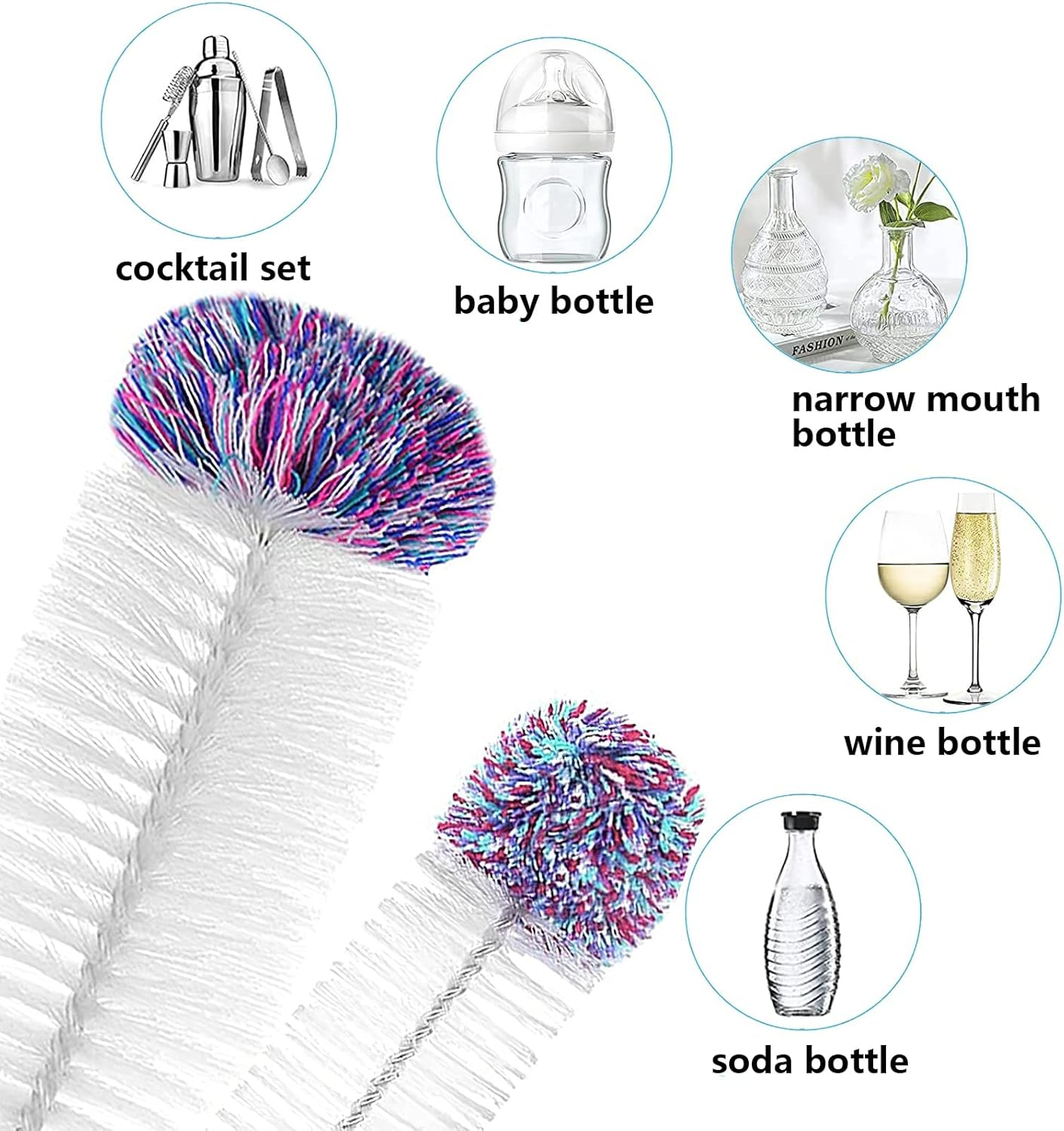 Bottle Brush for Sodastream Glass Bottles, 2 Pack White, Nylon Bristles, Stainless Steel + Nylon, Long Handle