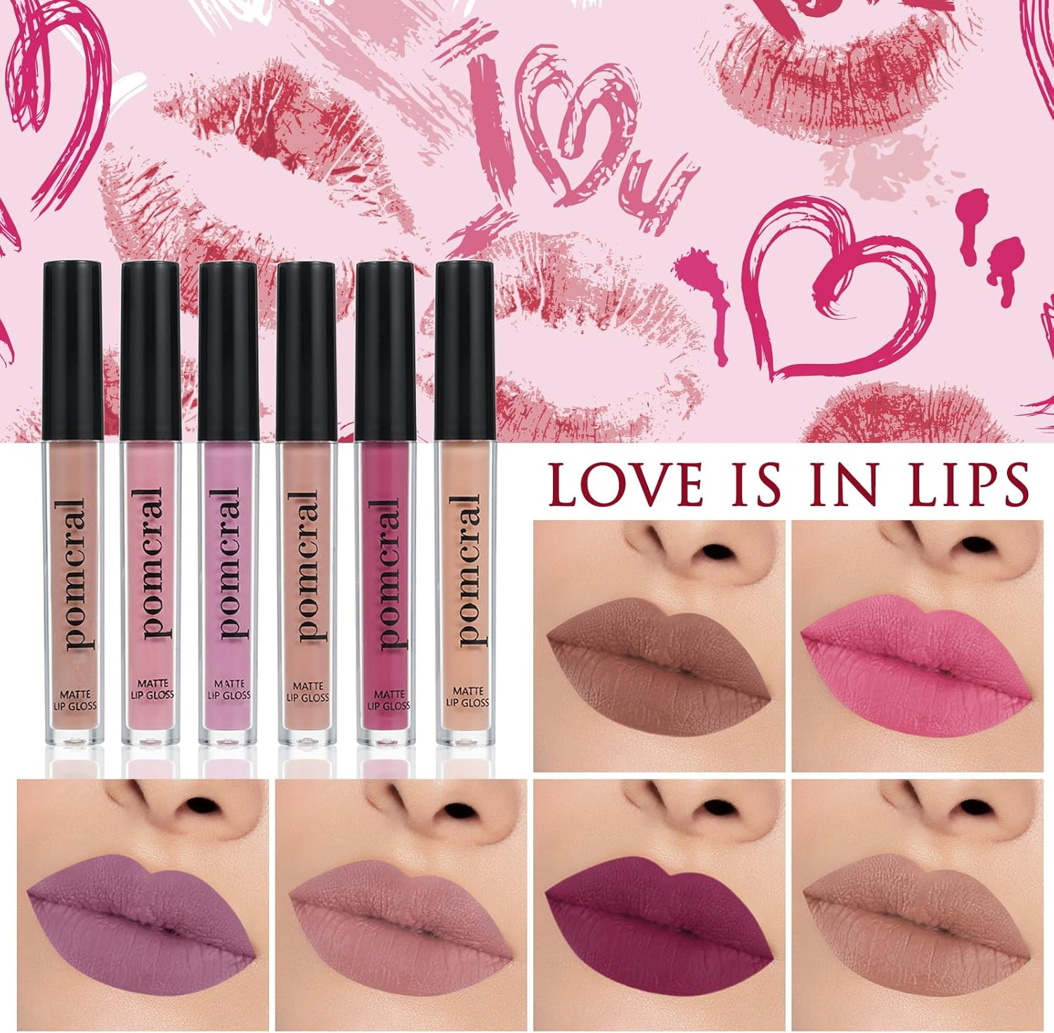 Pomcral Matte Lip Gloss Set, 6Pcs Lip Gloss for Women, Nude Lip Stain Long Lasting Smooth Lip Tint, Lip Gloss for Girls, Liquid Lipstick Gift Set image number 1