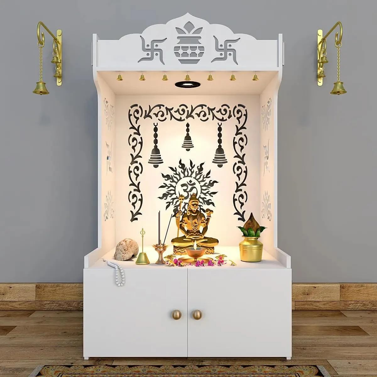 Divine Illumination Aesthetic Wooden Temple for Home with Spacious Shelf Inbuilt Focus Light - White Finish image number 3