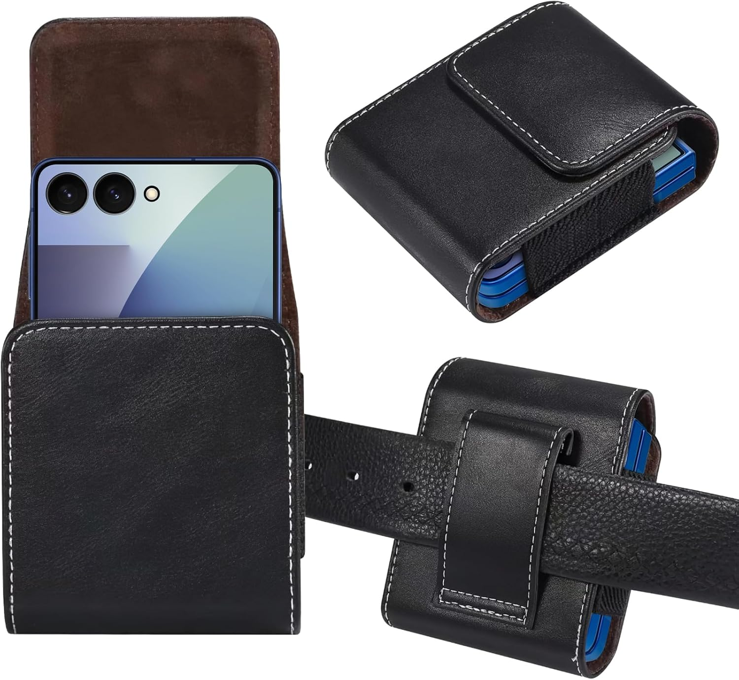 Miimall for Samsung Galaxy Z Flip 7/6/5/4/3 Phone Pouch Holster Belt Case, Leather Pouch with Metal Clip Phone Holster Case for Galaxy Z Flip 7 6 5 4 3, Motorola Razr 2025, Moto Razr 2024