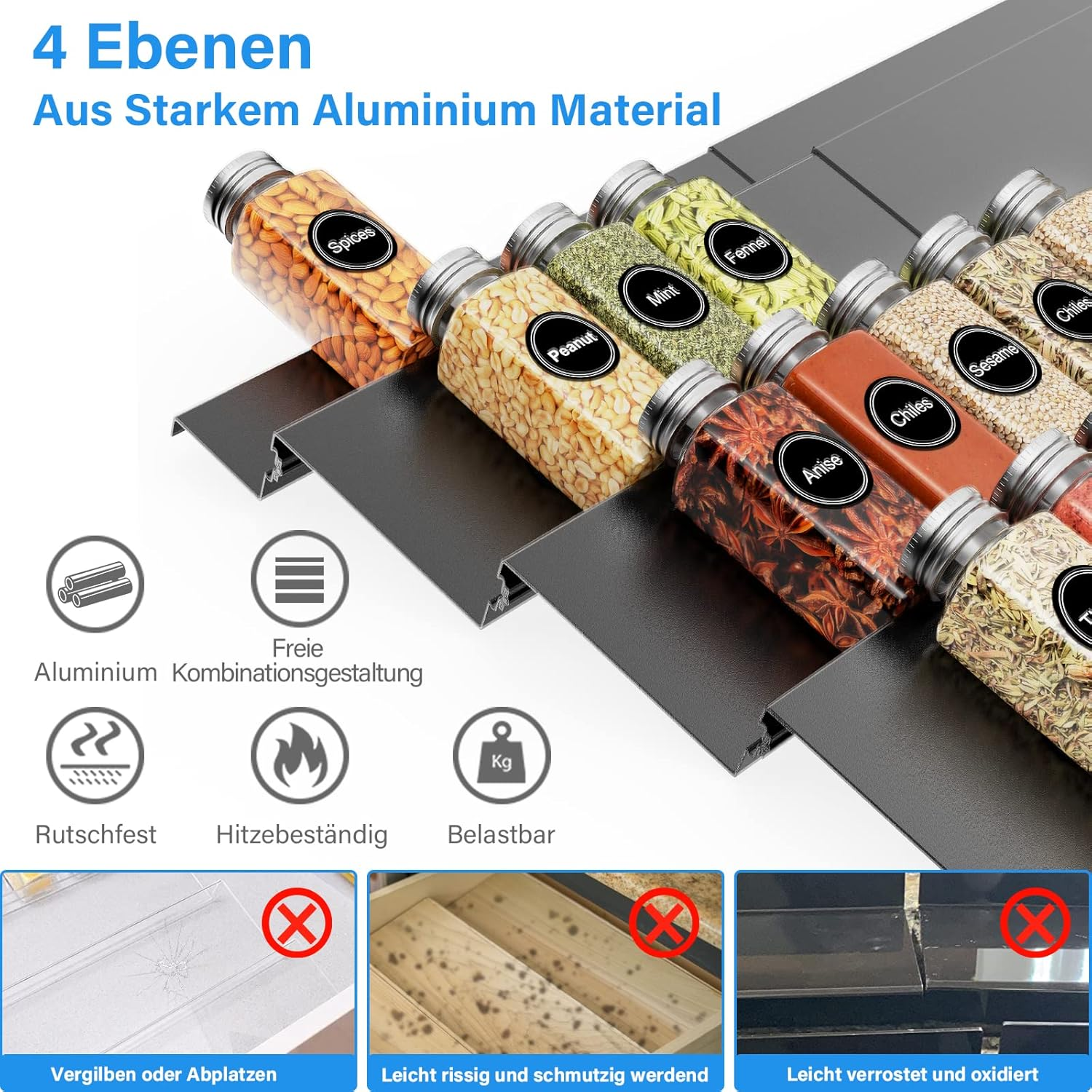 Wizsofer Spice Holder Drawer, Adjustable Expandable 4 Levels Metal Rack Organiser, from 29 Cm to 58 Spice Inserts image number 4