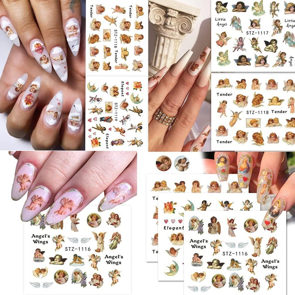 8 Sheets Angel Nail Art Stickers Cupid Nail Decals Water Transfer Design Angel Eros Designer Nail Stickers for Women Girls Cute Nail Decoration DIY Manicure Tips