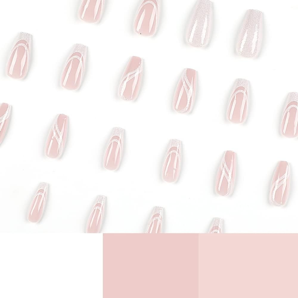 Pack of 24 White Nails for Sticking, Long, Coffin Glitter French Artificial Nails, Ballerina False Nails, Press on Nails, Acrylic Fingernails, Fake Nails Long for Women image number 4