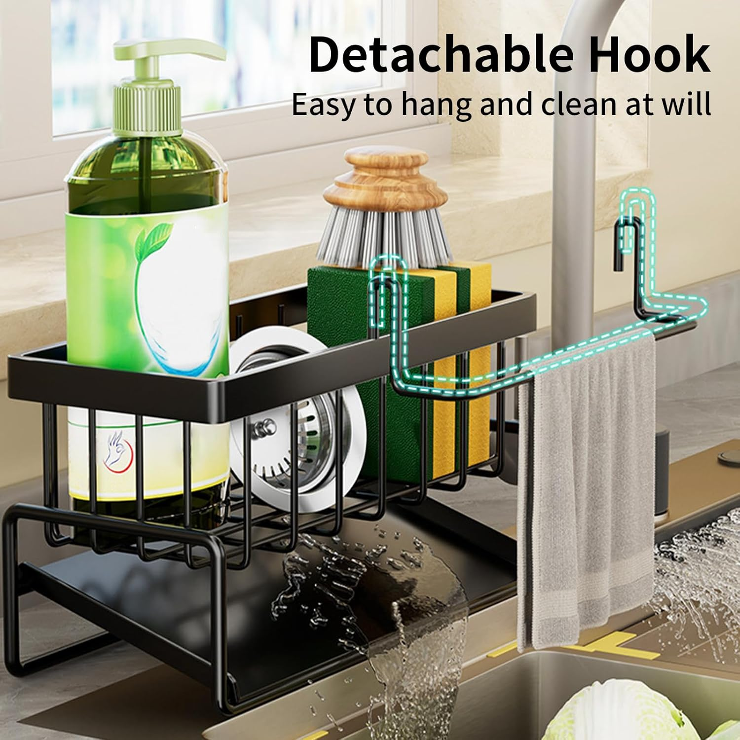 Kitchen Sink Caddy Organiser with Removable Dish Cloth Hanger, Sponge Holder for Kitchen Sink with Self Draining Tray, Stainless Steel Dish Soap Holder