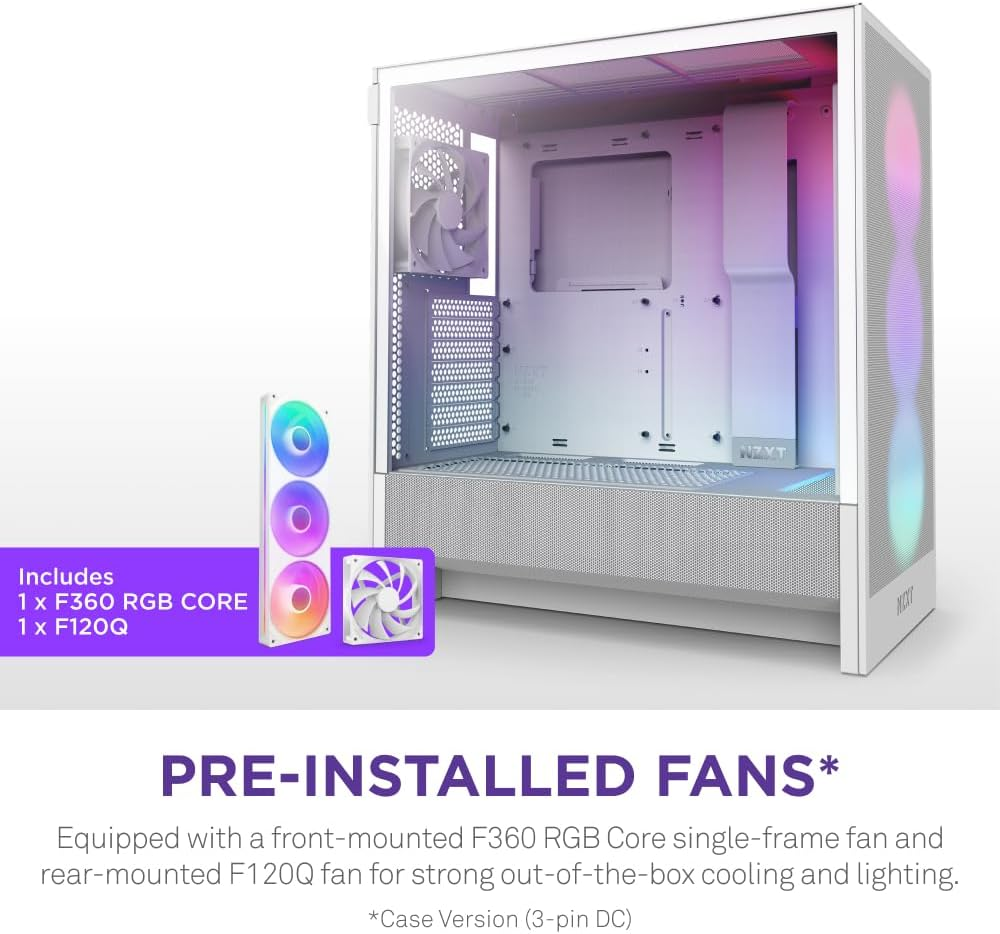 NZXT H5 Flow RGB 2024 - Compact ATX Mid-Tower PC Gaming Case - High Airflow - F360 RGB Core (CV) Included - 360Mm Front & 240Mm Top Radiator Support - Cable Management - Tempered Glass - White image number 5